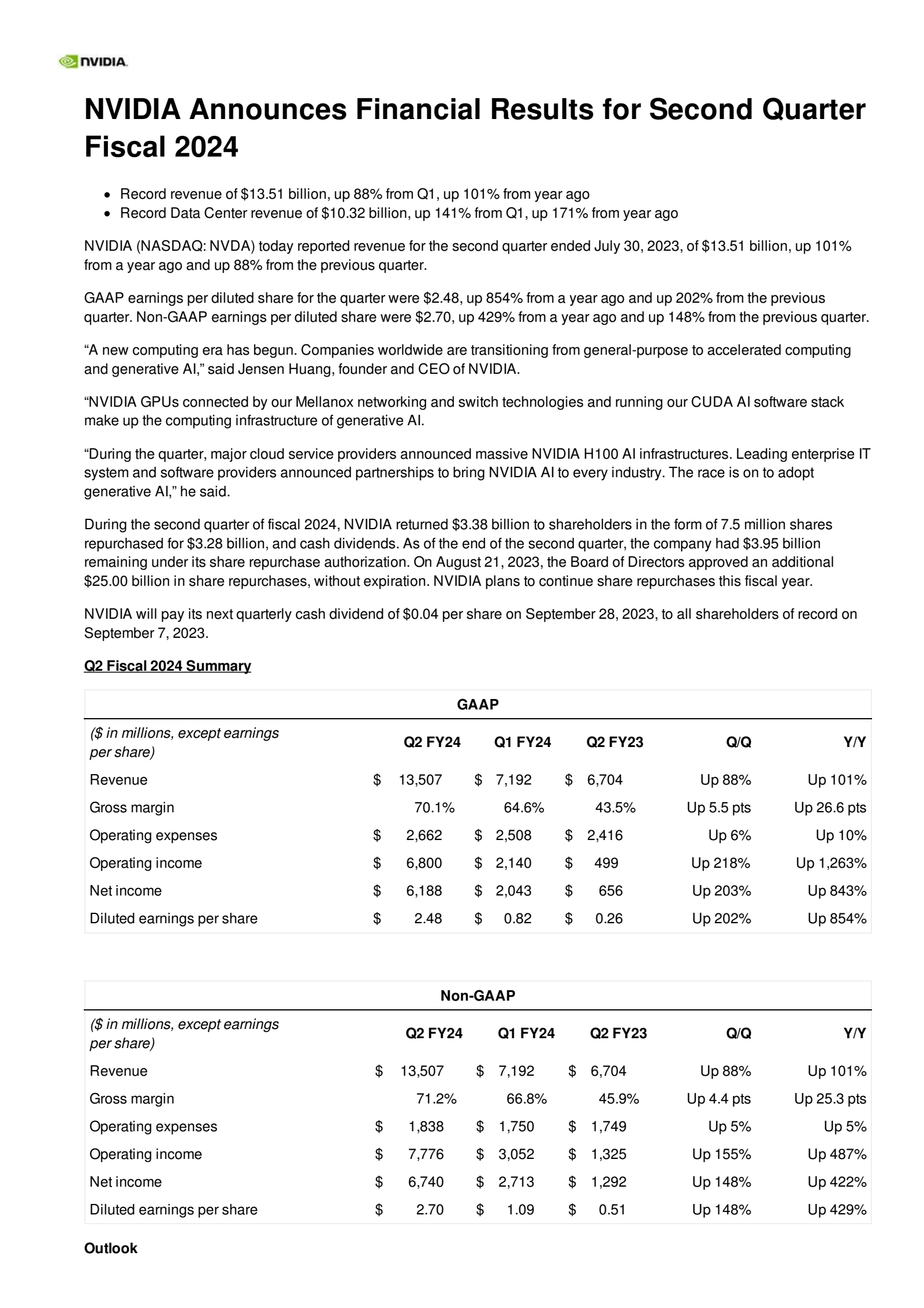NVIDIA's Q2 2024 Press Release