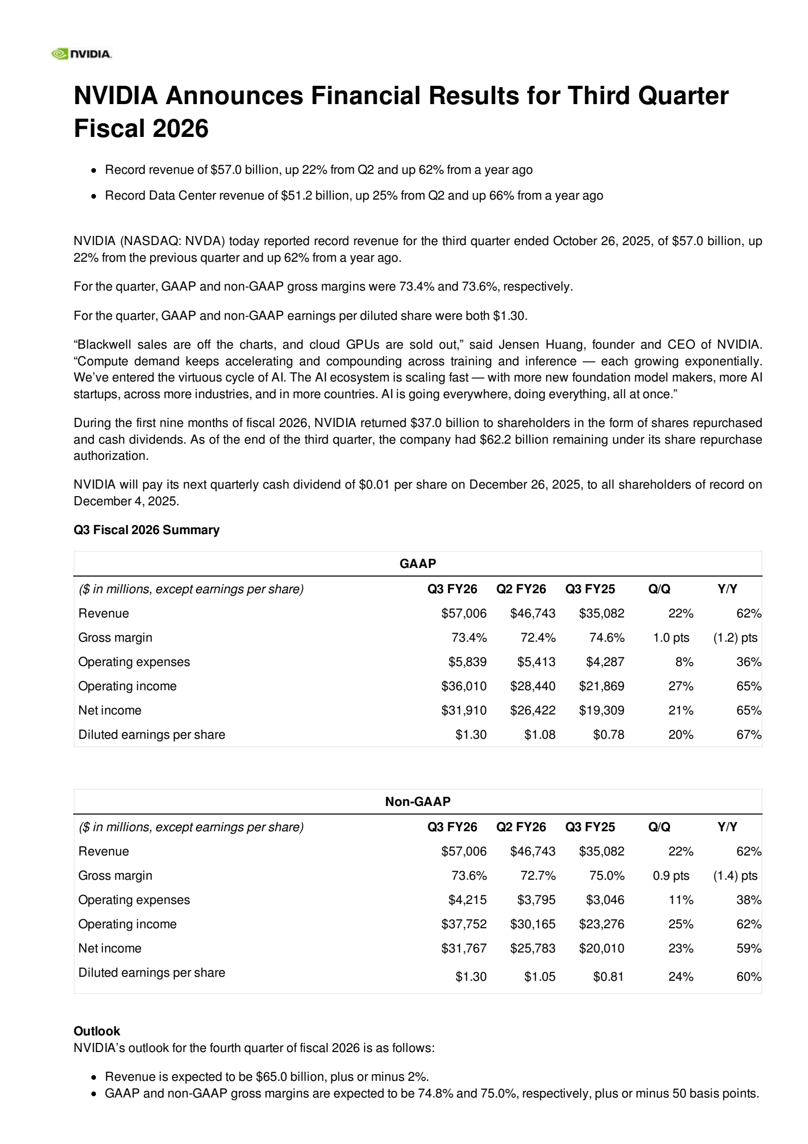 NVIDIA's Q3 2026 Press Release