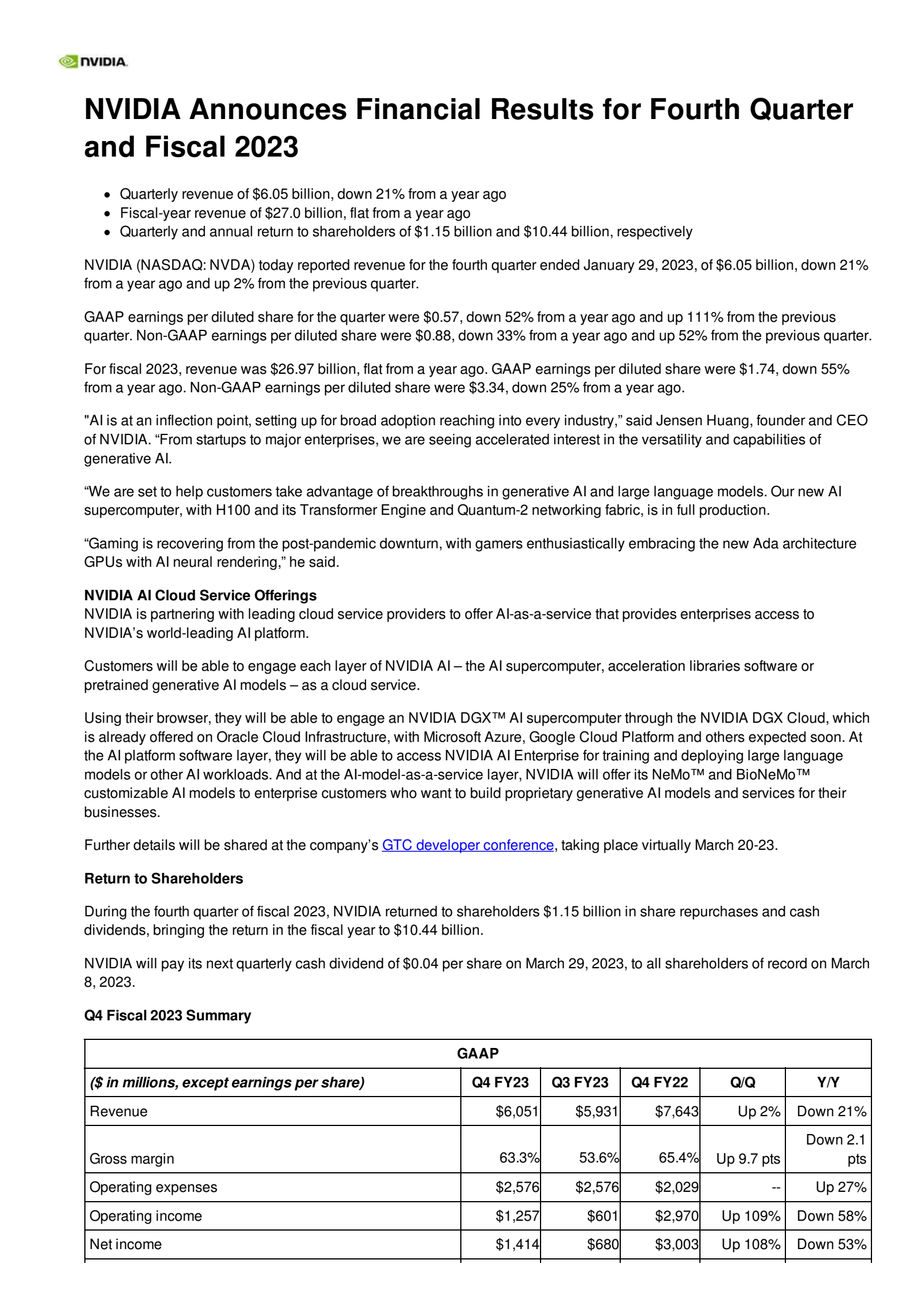 NVIDIA's Q4 2023 Press Release