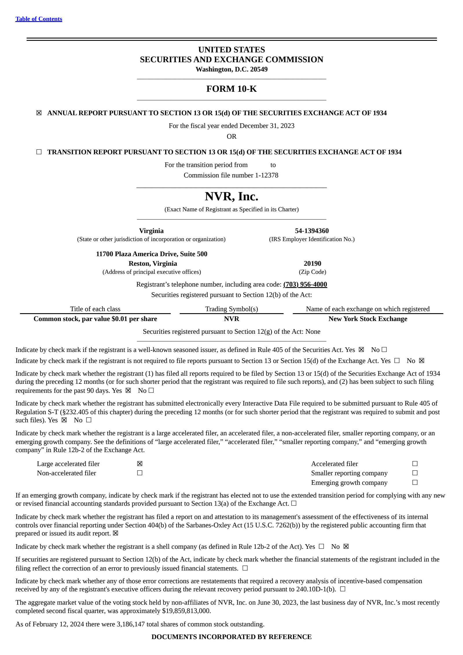 NVR Q4 2023 Earnings Report on 1/30/2024