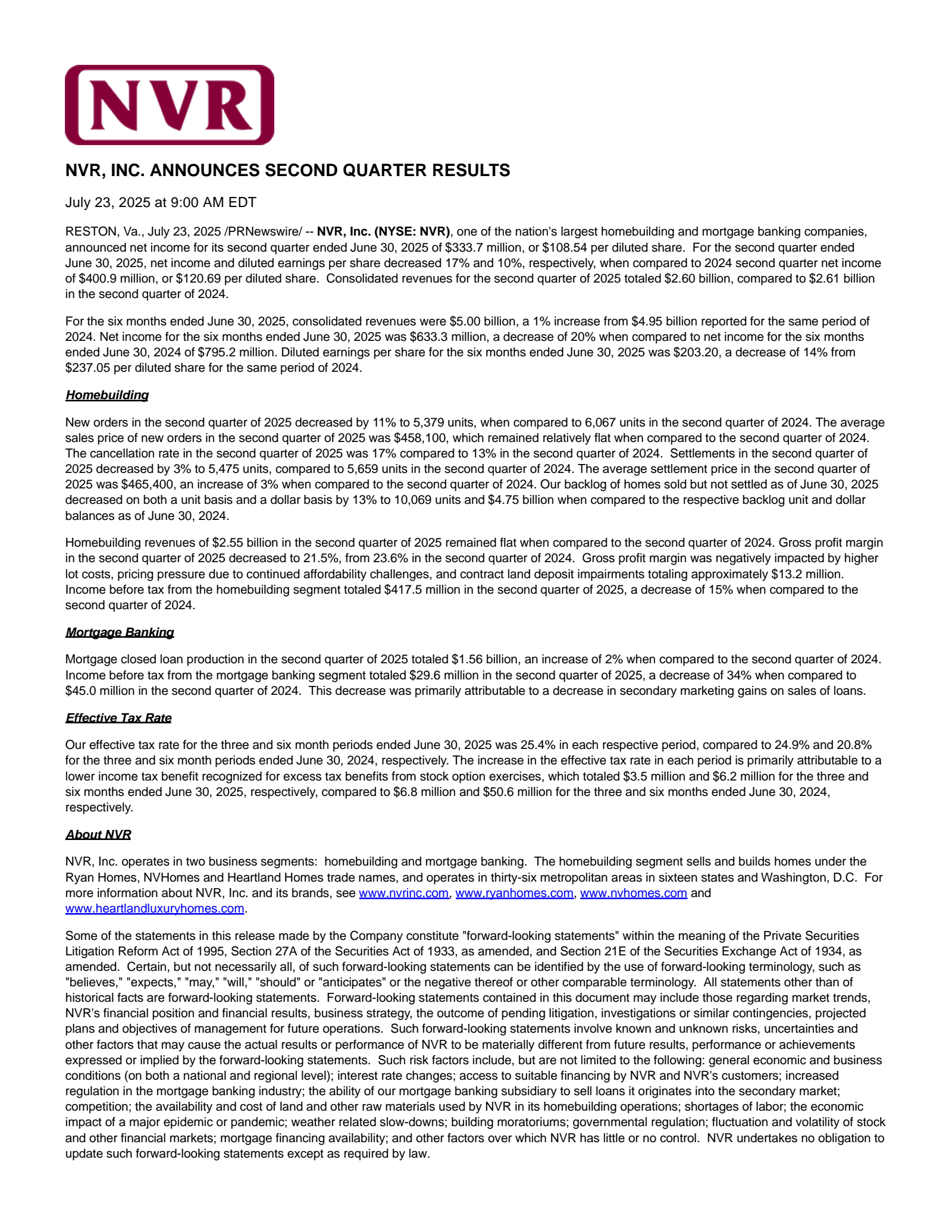 NVR's Q2 2025 Press Release