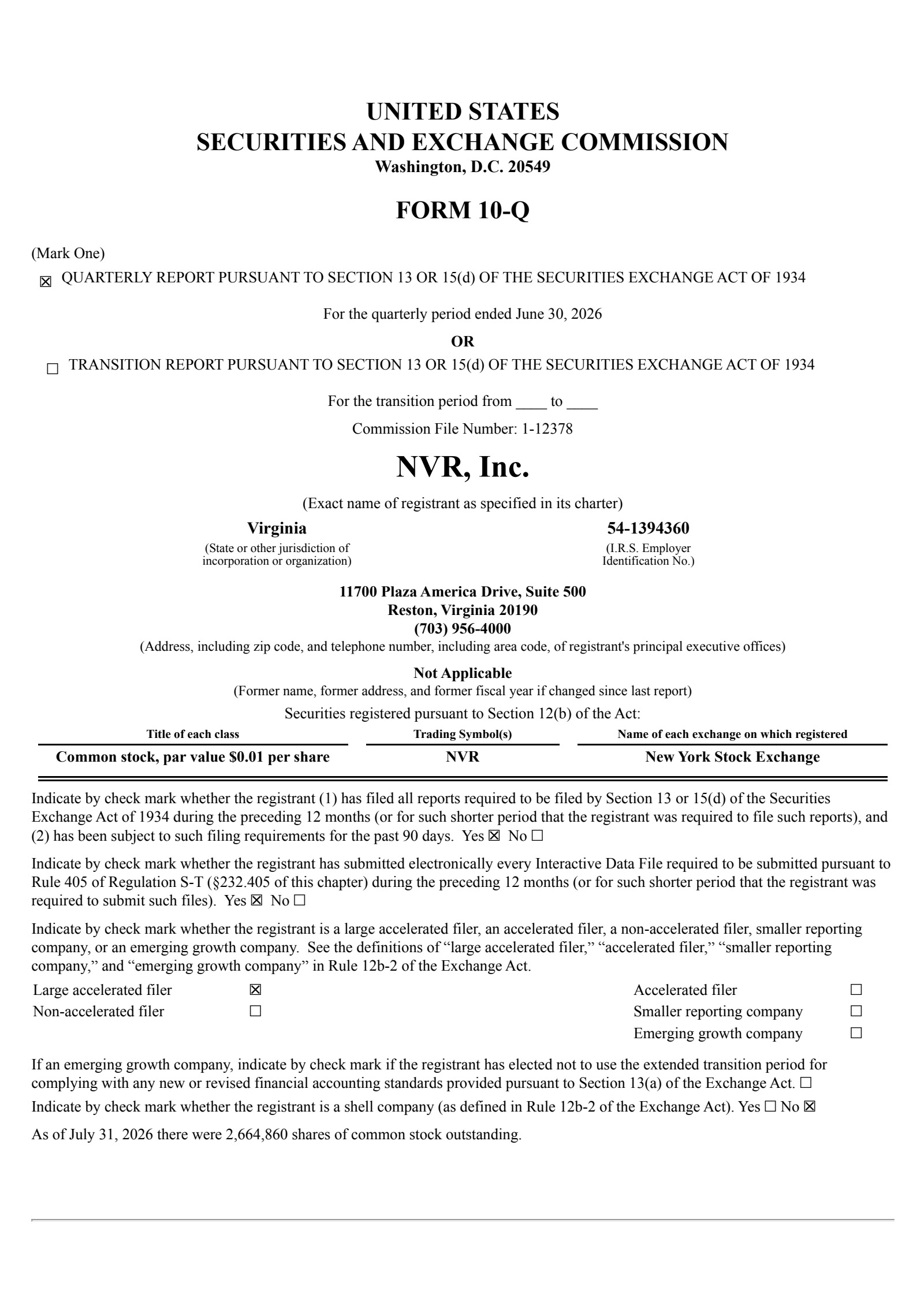 NVR's Q2 2026 Quarterly report