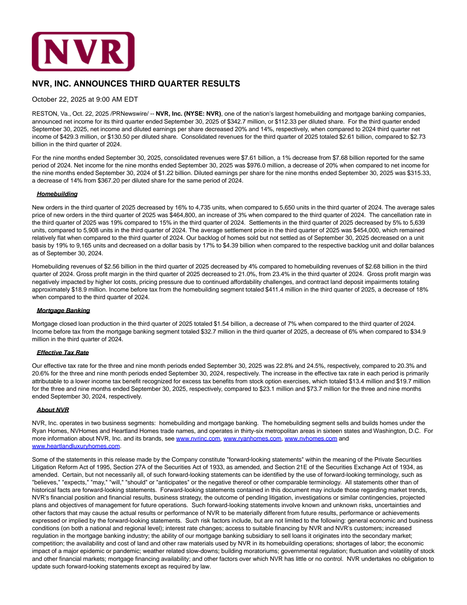 NVR's Q3 2025 Earnings Release