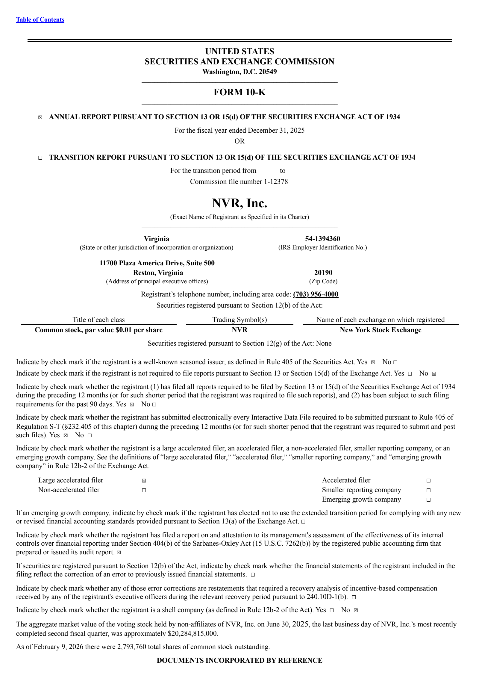 NVR's Q4 2025 Annual report