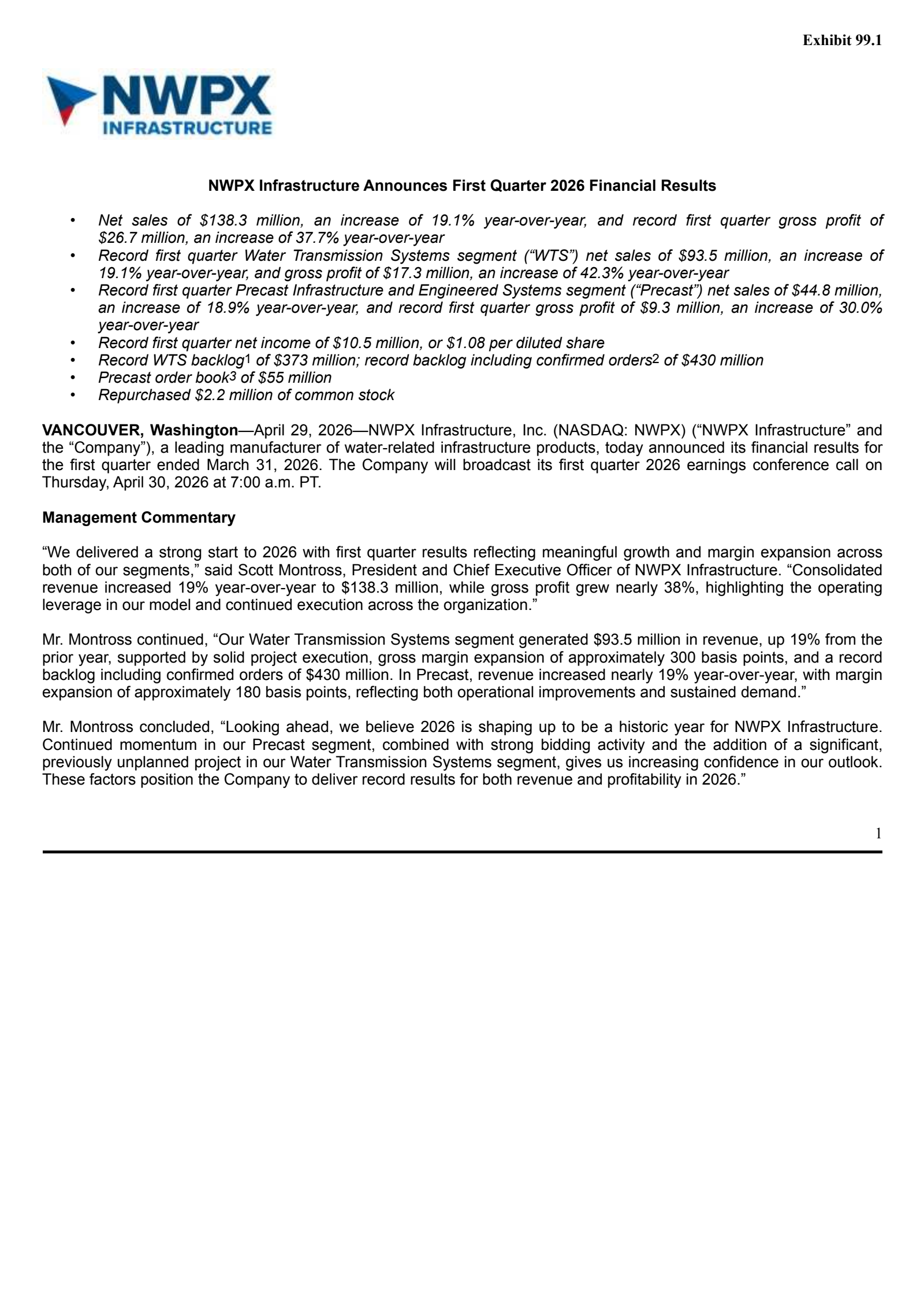 NWPX Infrastructure's Q1 2026 Press Release