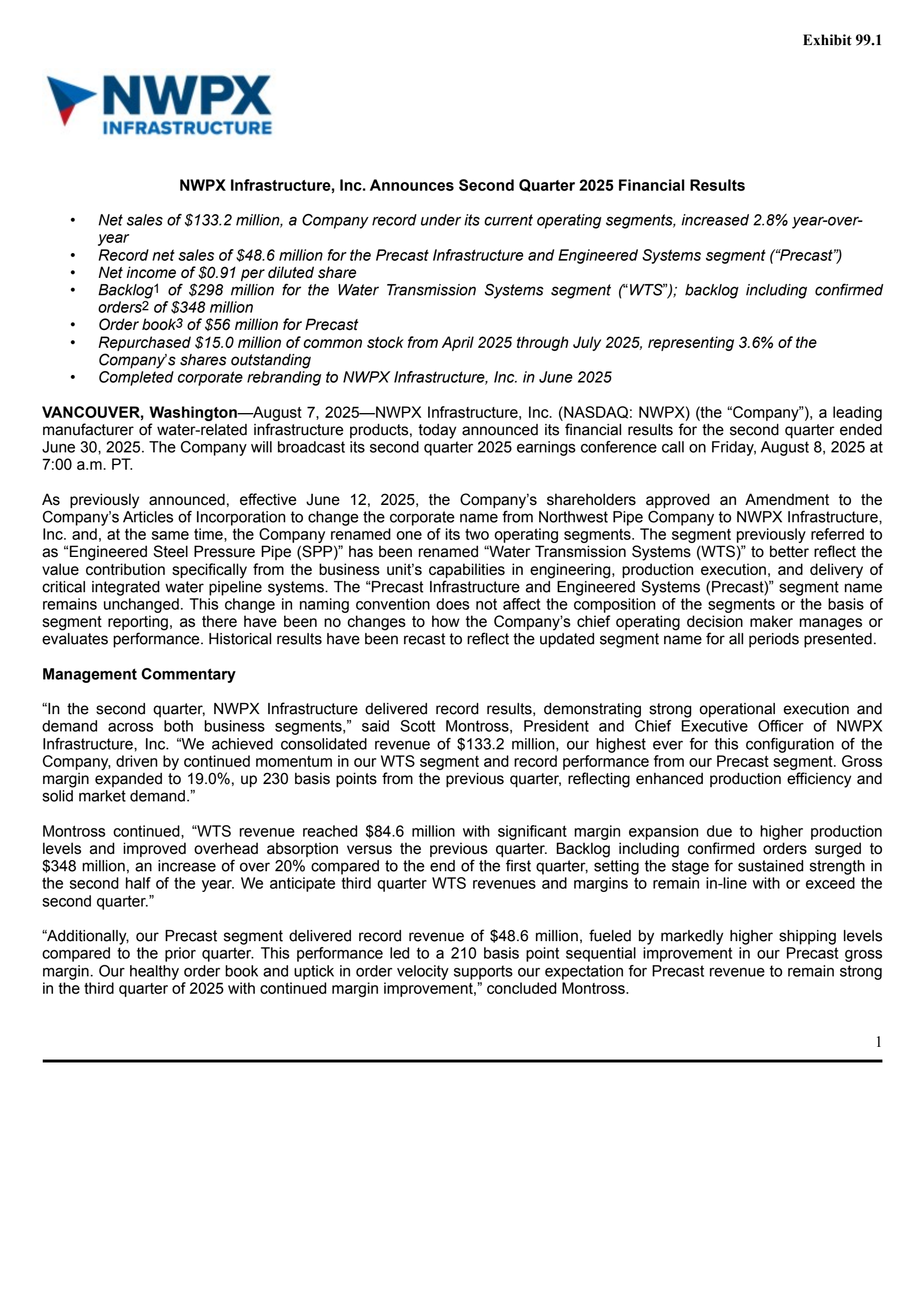 NWPX Infrastructure's Q2 2025 Press Release