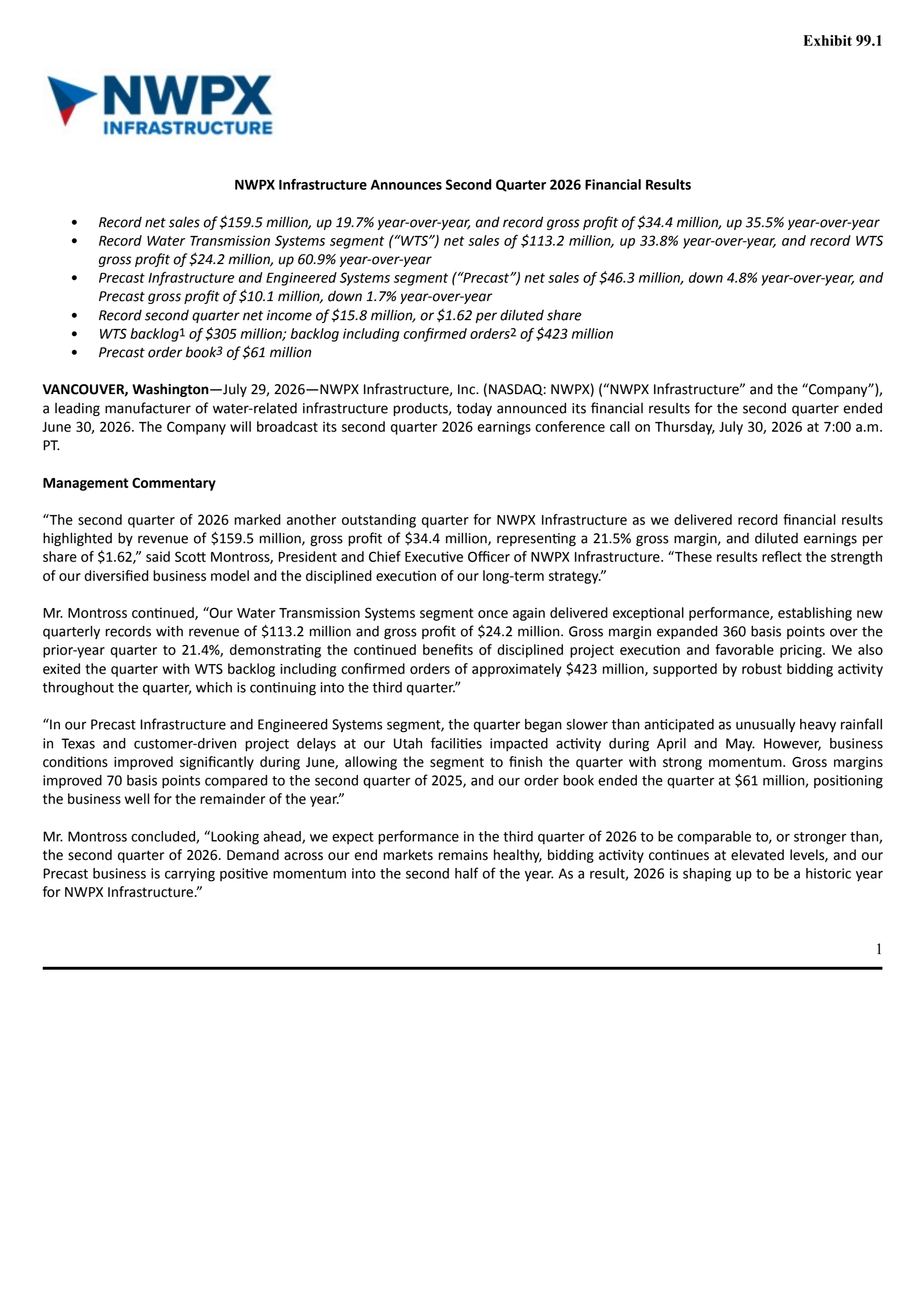 NWPX Infrastructure's Q2 2026 Press Release