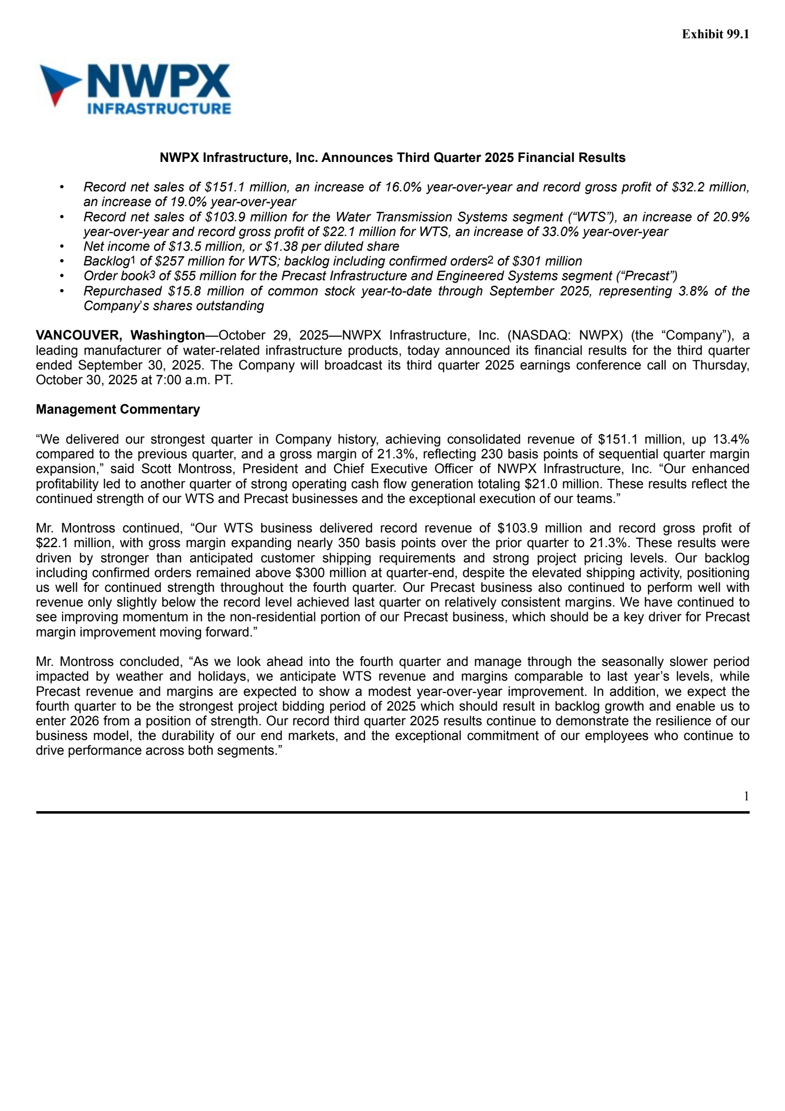 NWPX Infrastructure's Q3 2025 Earnings Release