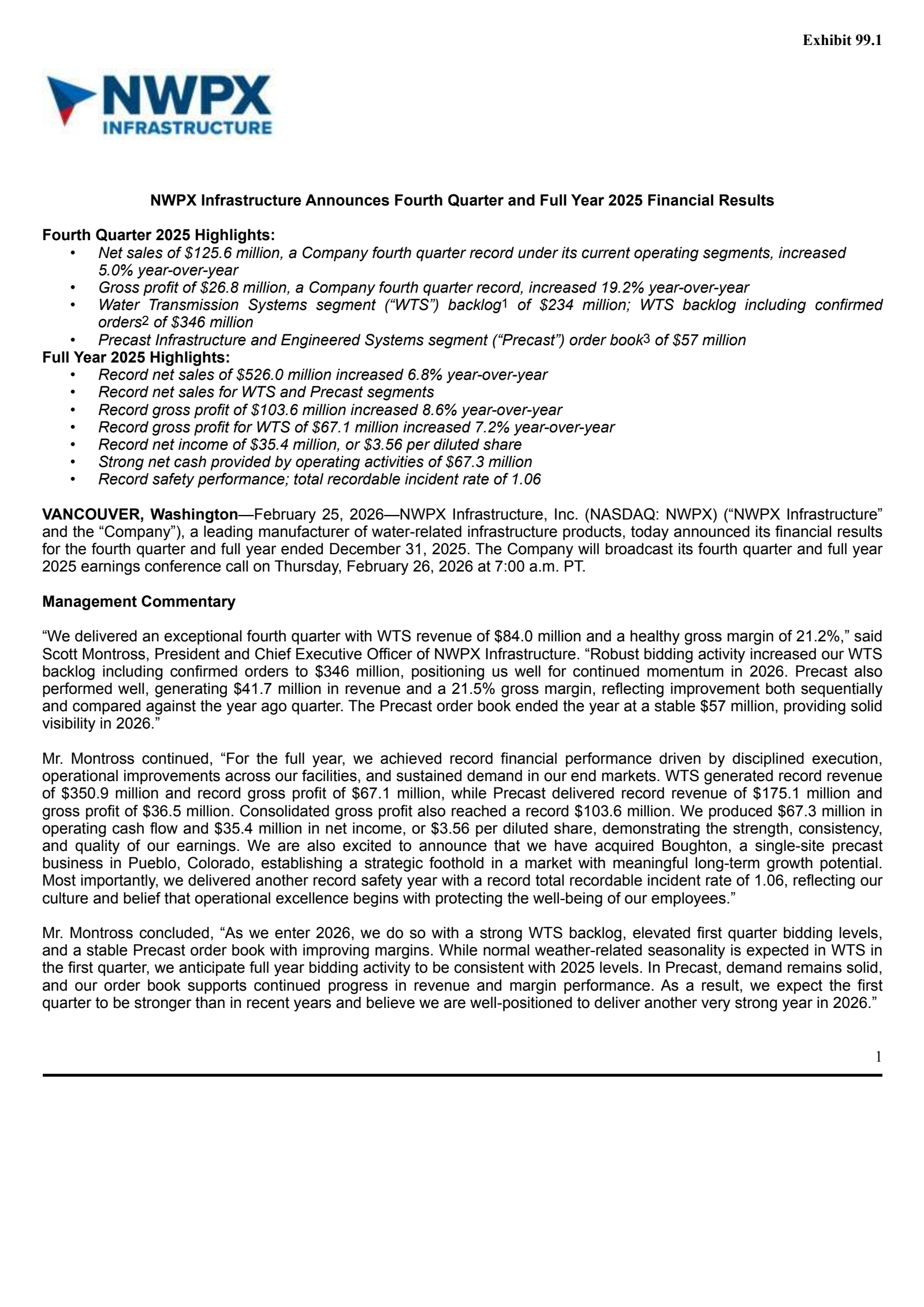 NWPX Infrastructure's Q4 2025 Press Release