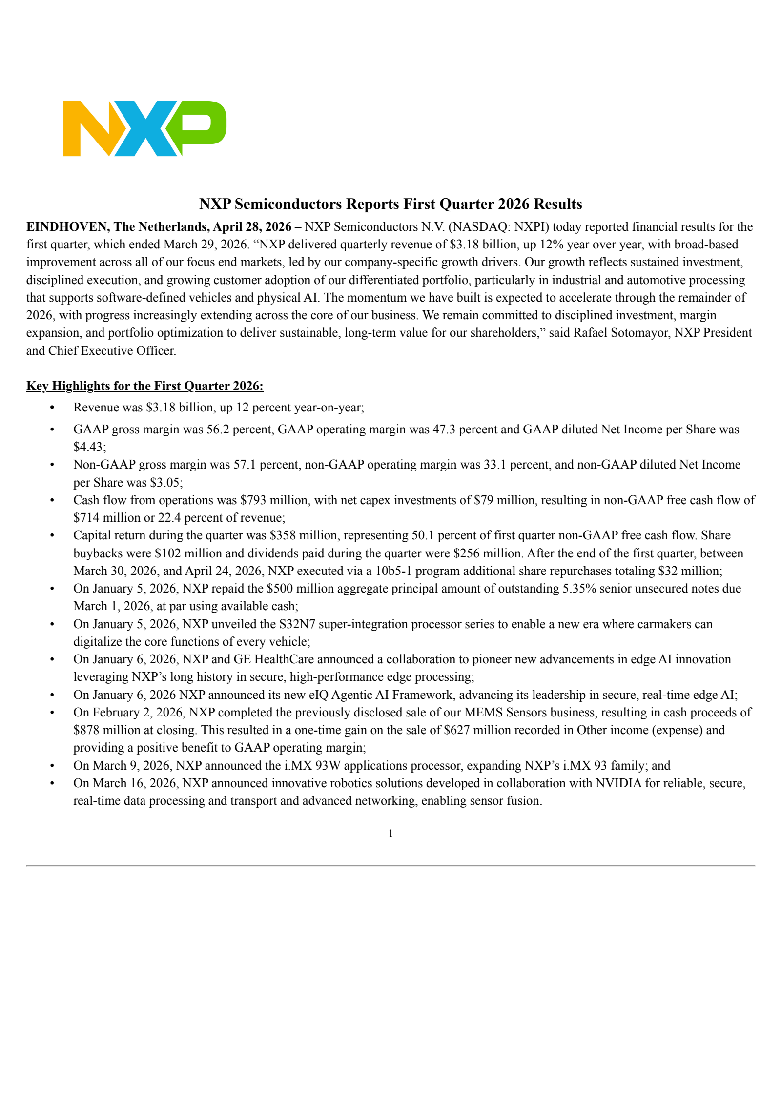 NXP Semiconductors' Q1 2026 Press Release