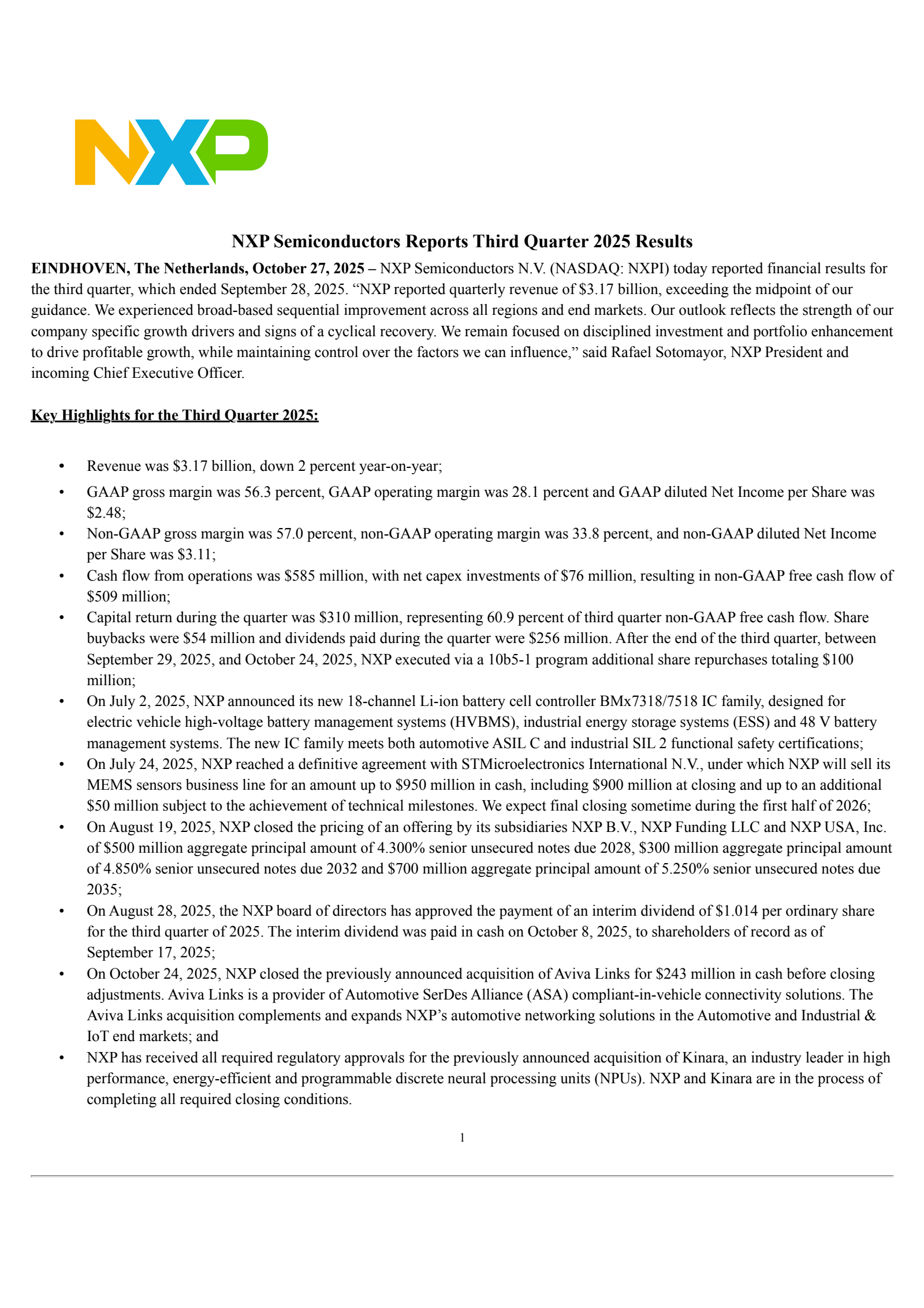 NXP Semiconductors' Q3 2025 Earnings Release