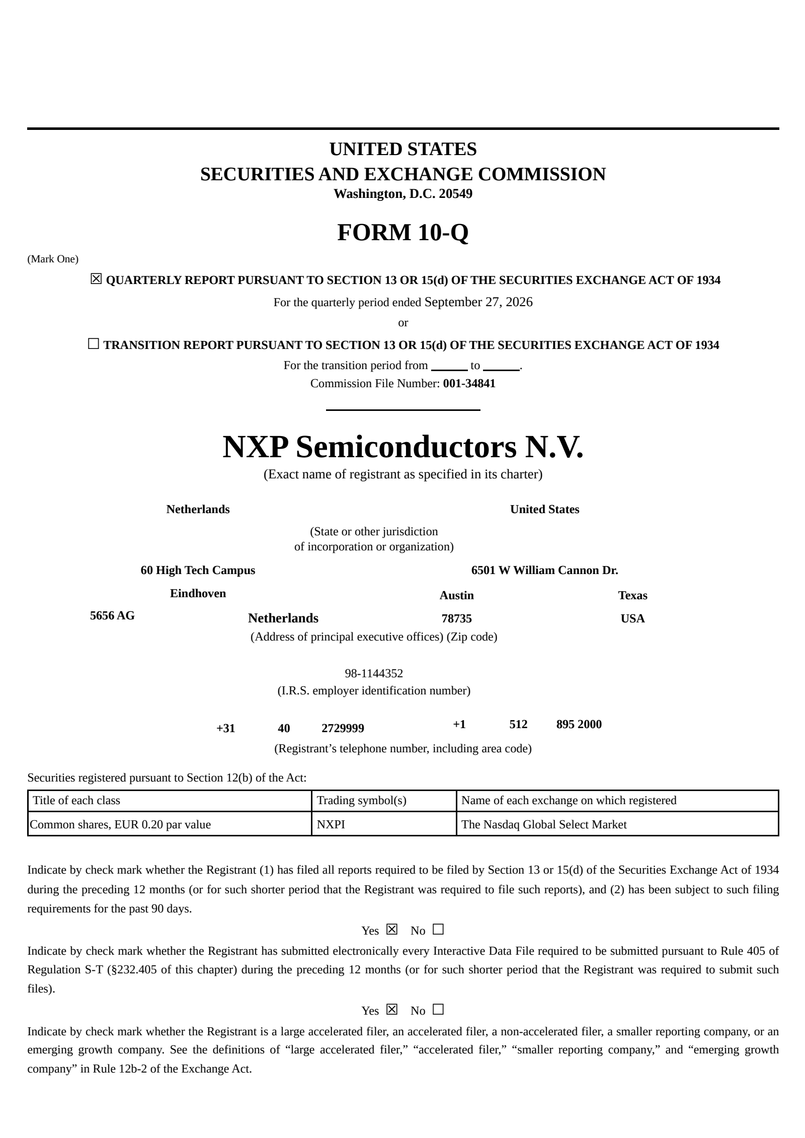 NXP Semiconductors' Q3 2026 Quarterly report