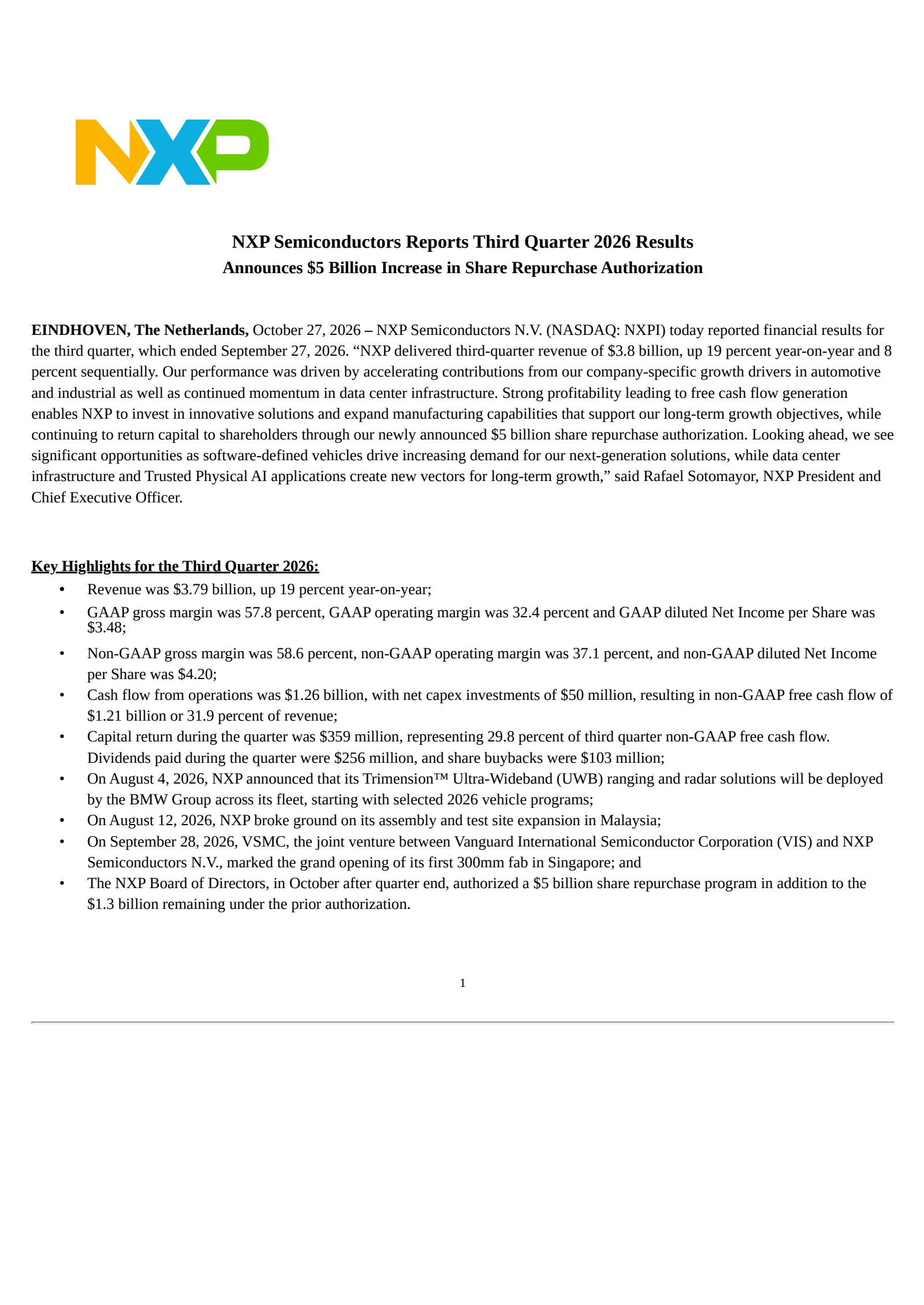 NXP Semiconductors' Q3 2026 Press Release