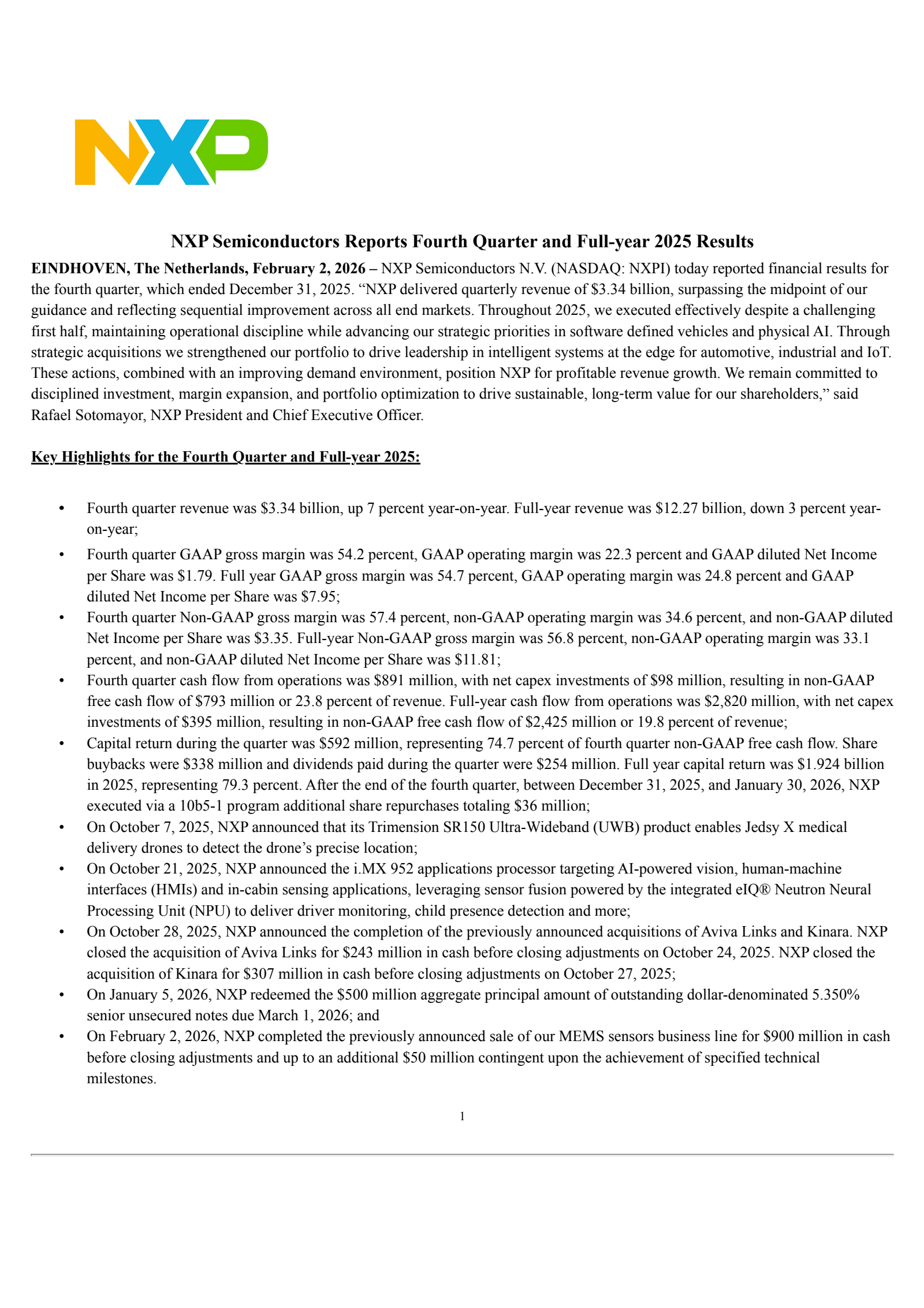 NXP Semiconductors' Q4 2025 Press Release