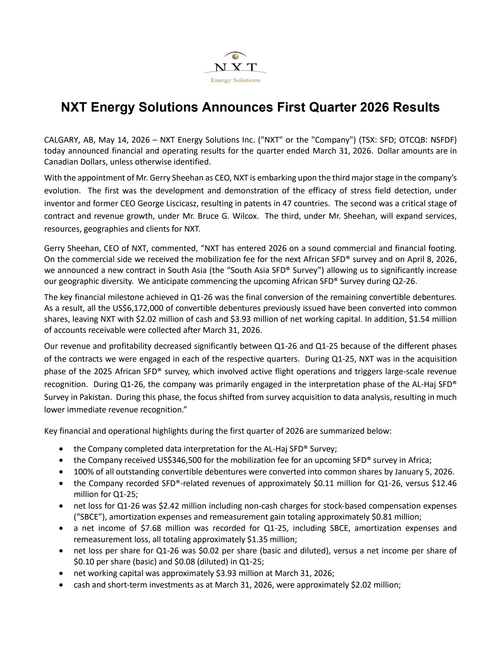 NXT Energy Solutions' Q1 2026 Press Release