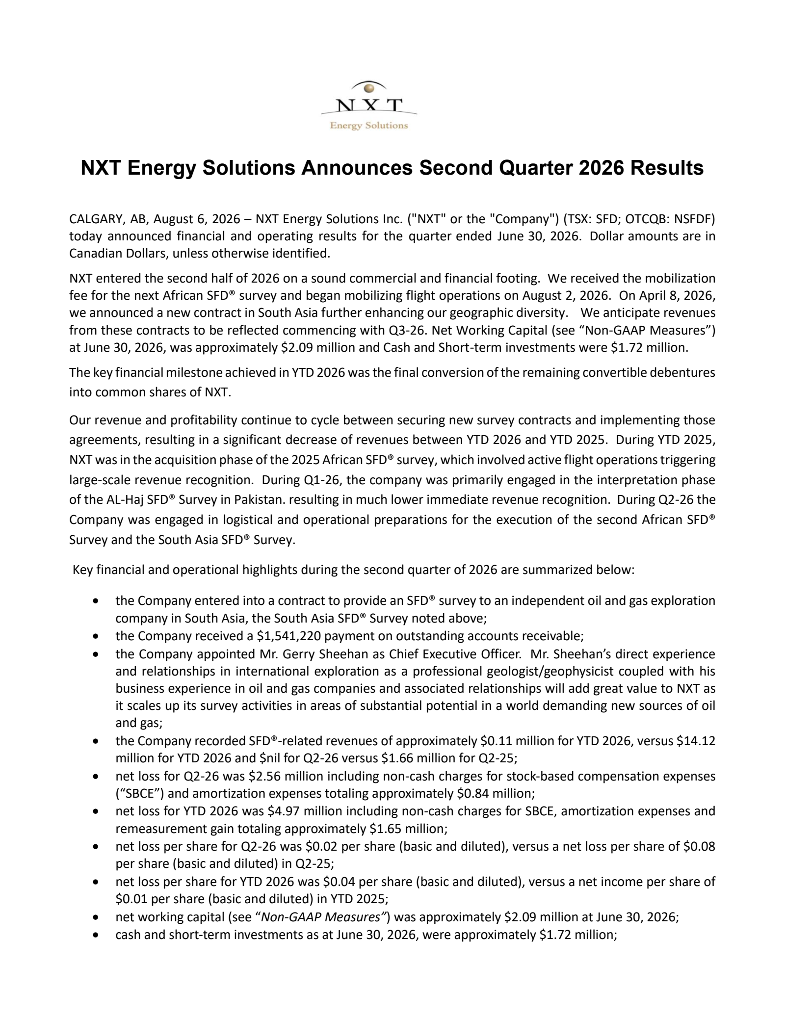 NXT Energy Solutions' Q2 2026 Press Release