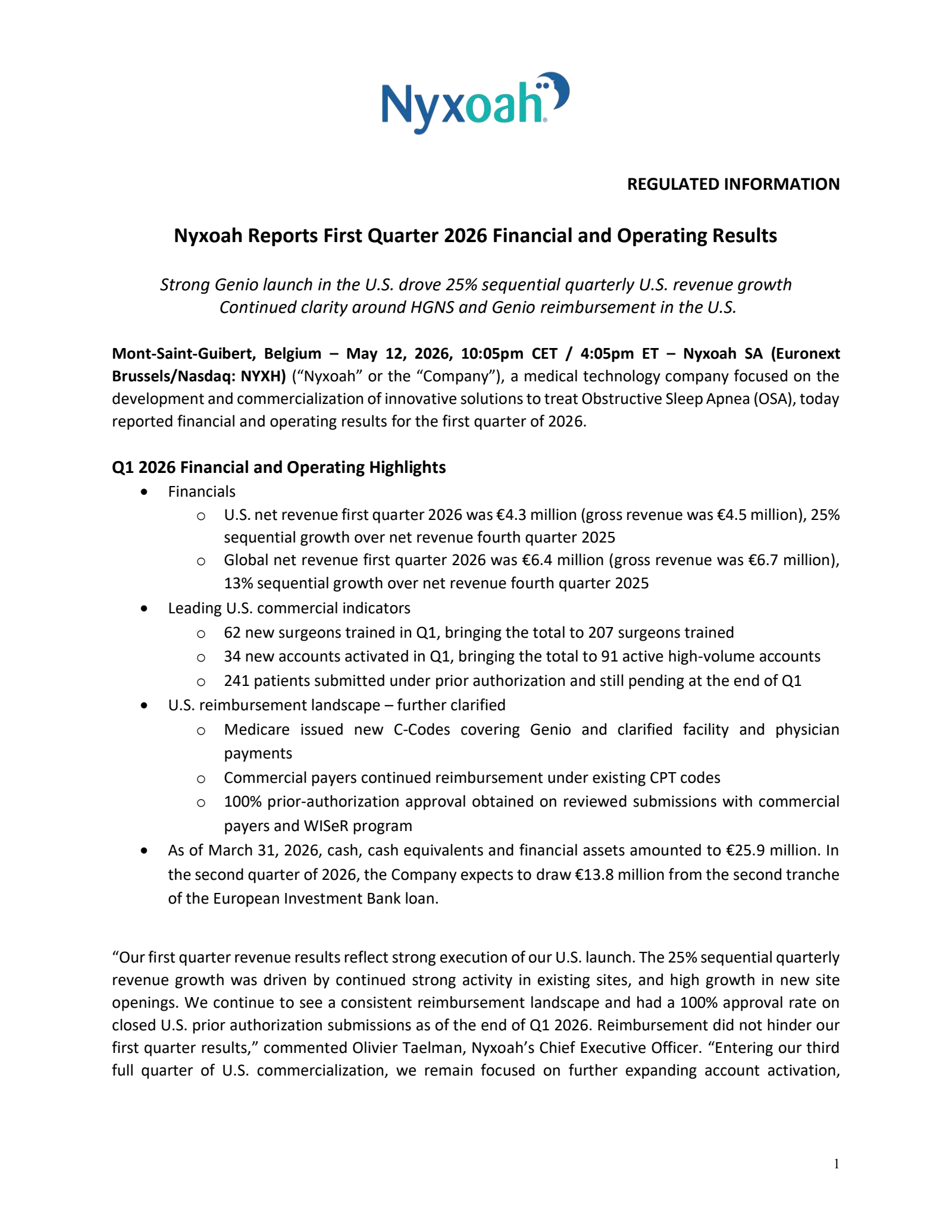 Nyxoah's Q1 2026 Press Release