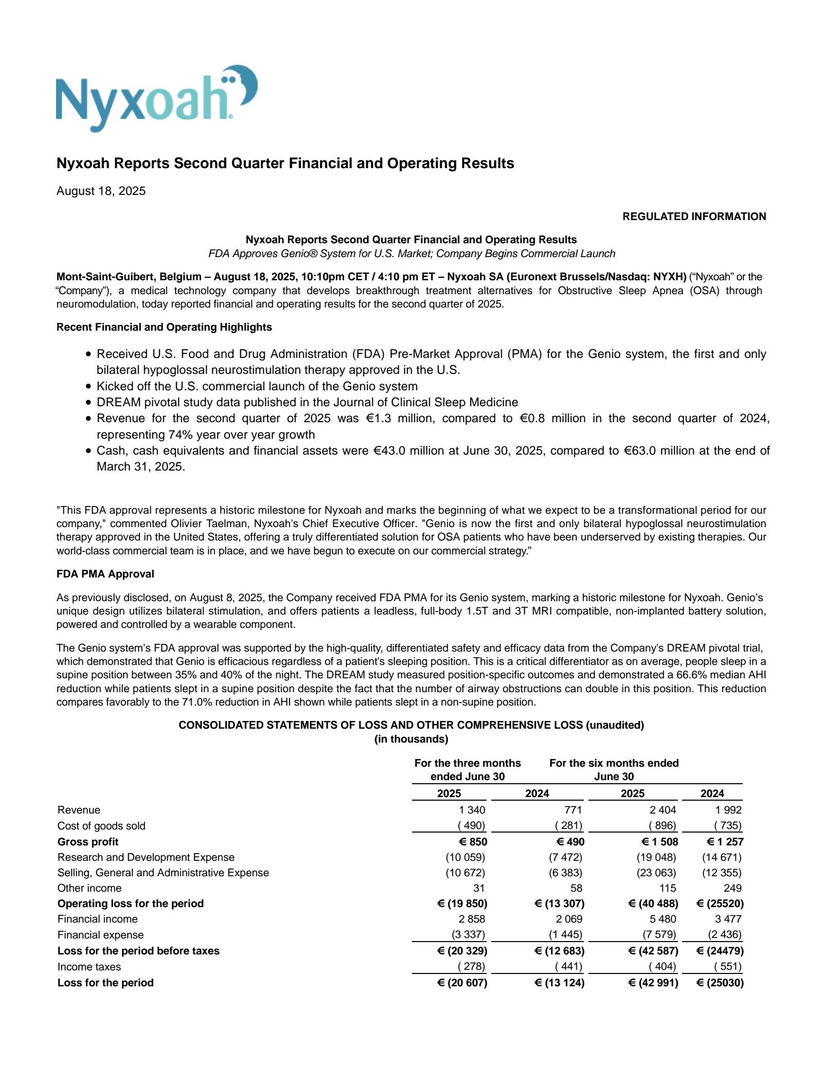 Nyxoah's Q2 2025 Press Release