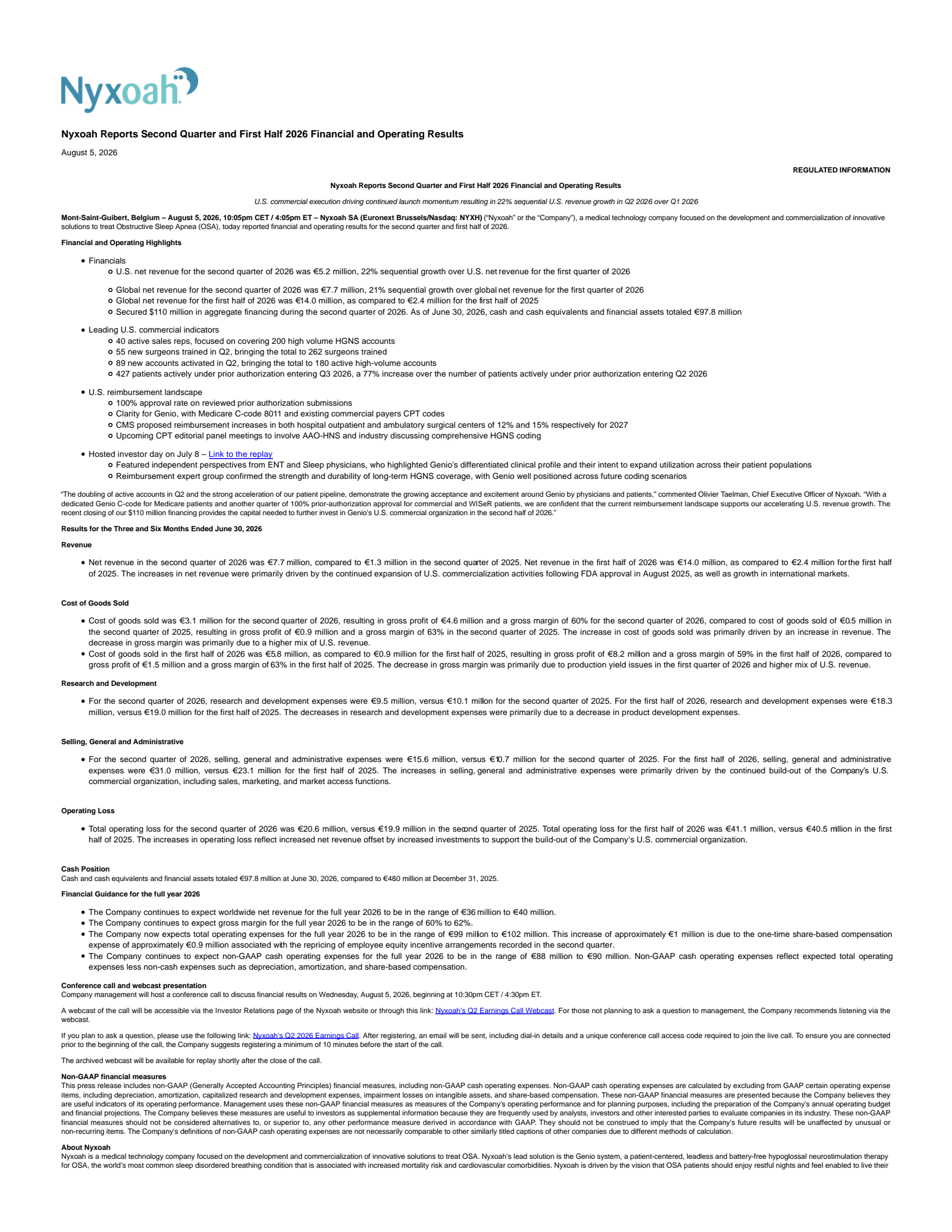 Nyxoah's Q2 2026 Press Release