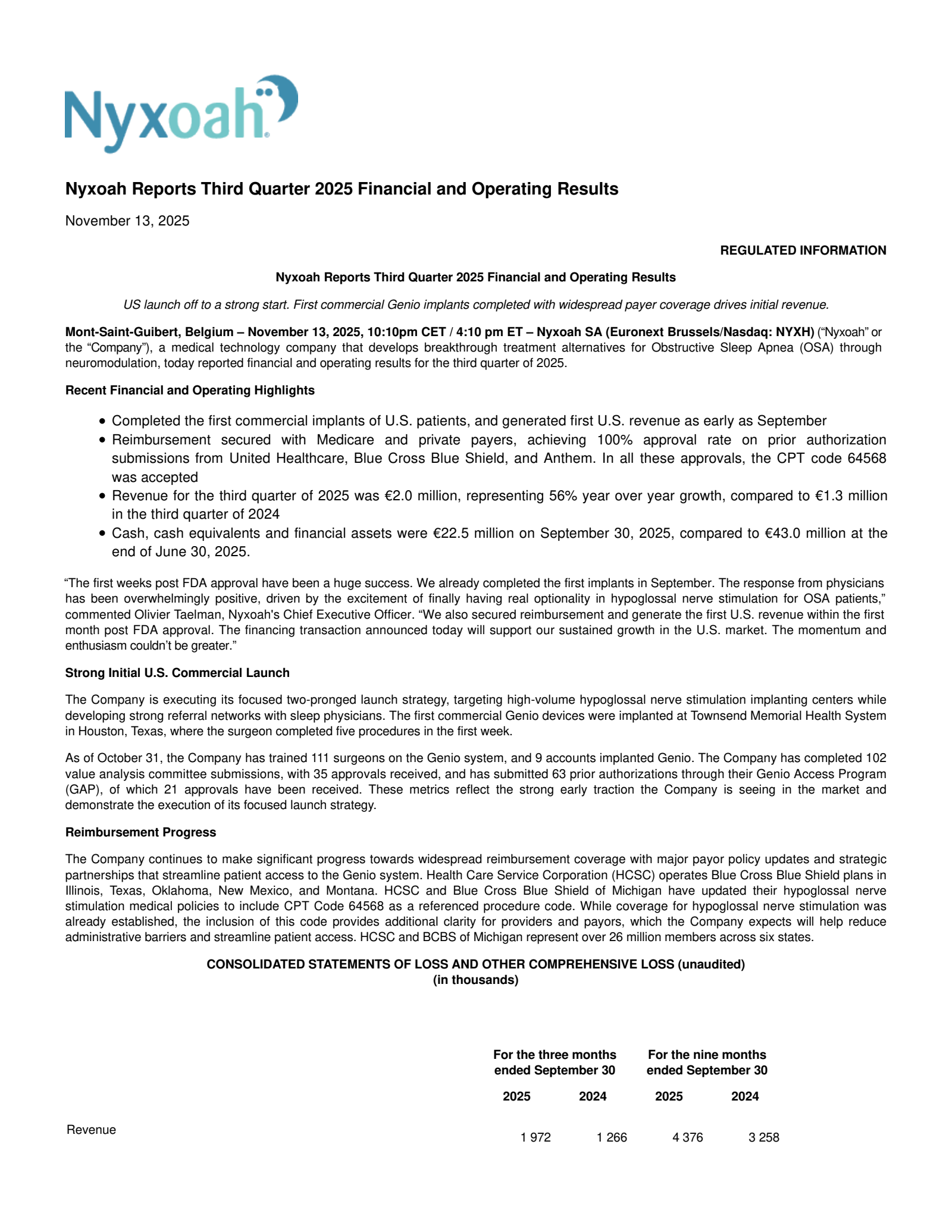 Nyxoah's Q3 2025 Earnings Release