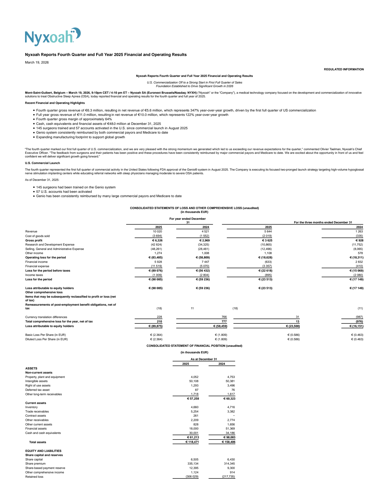 Nyxoah's Q4 2025 Press Release
