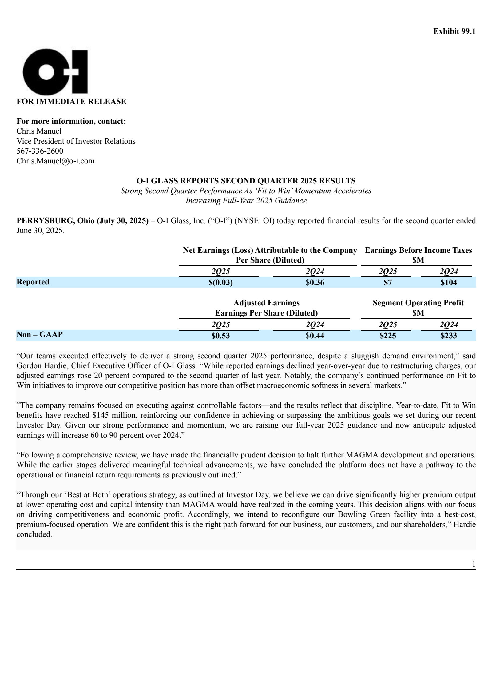 O-I Glass' Q2 2025 Press Release