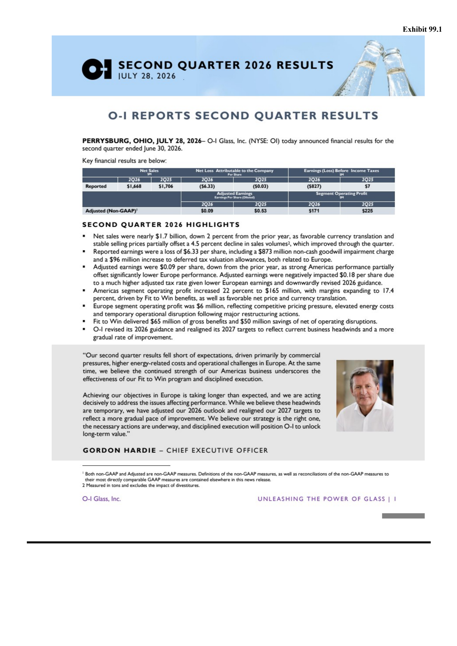 O-I Glass' Q2 2026 Press Release