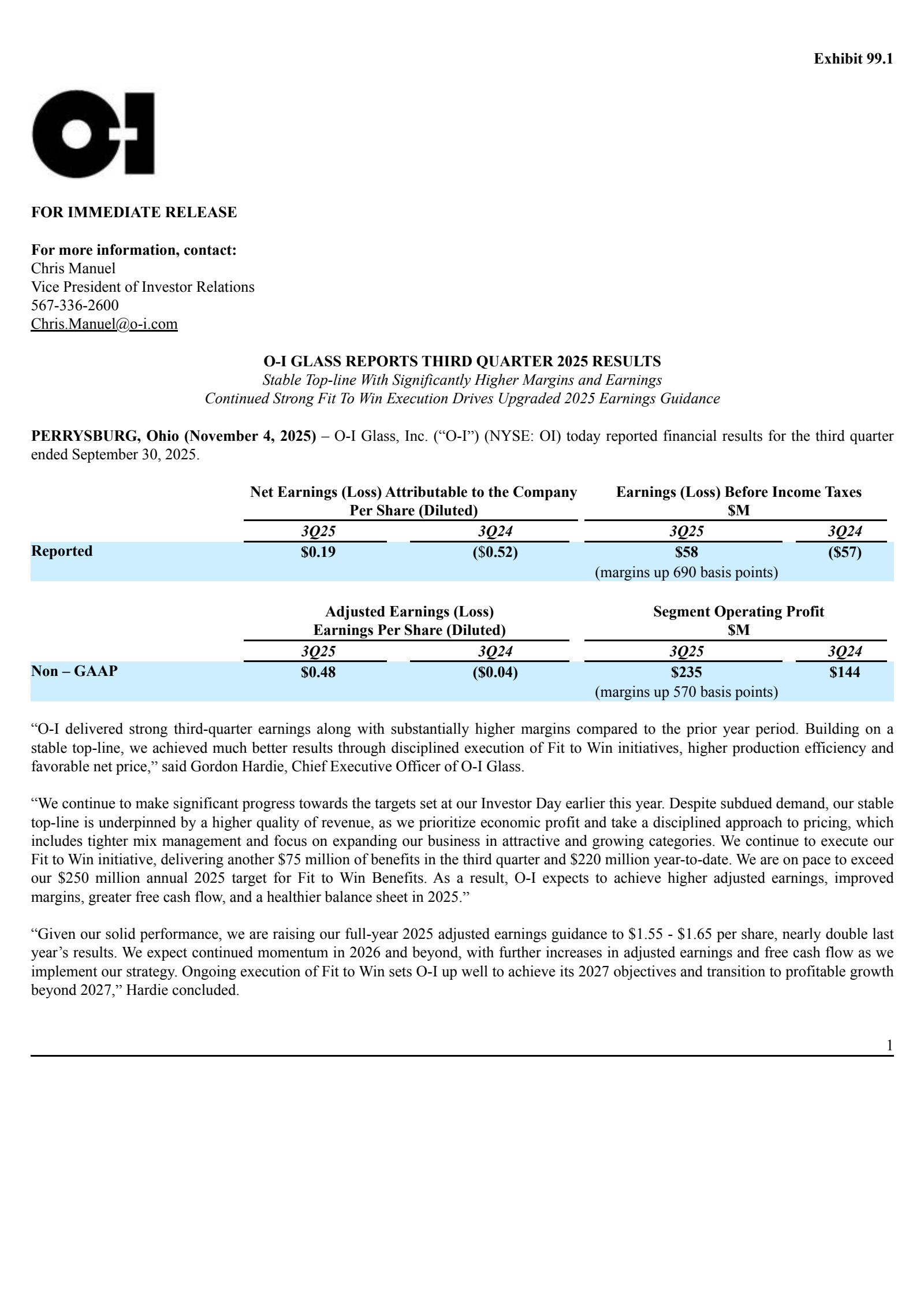 O-I Glass' Q3 2025 Earnings Release