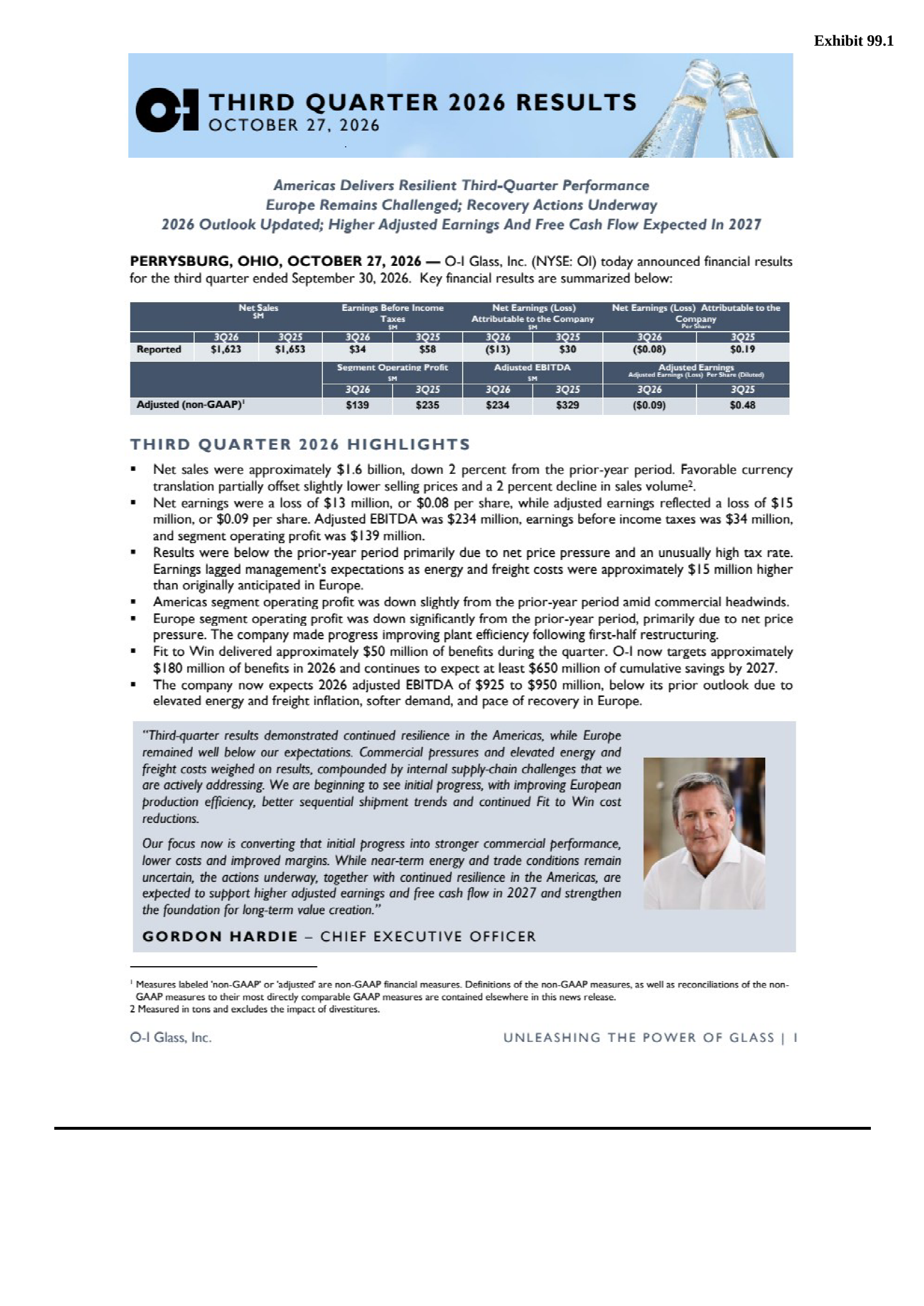 O-I Glass' Q3 2026 Press Release