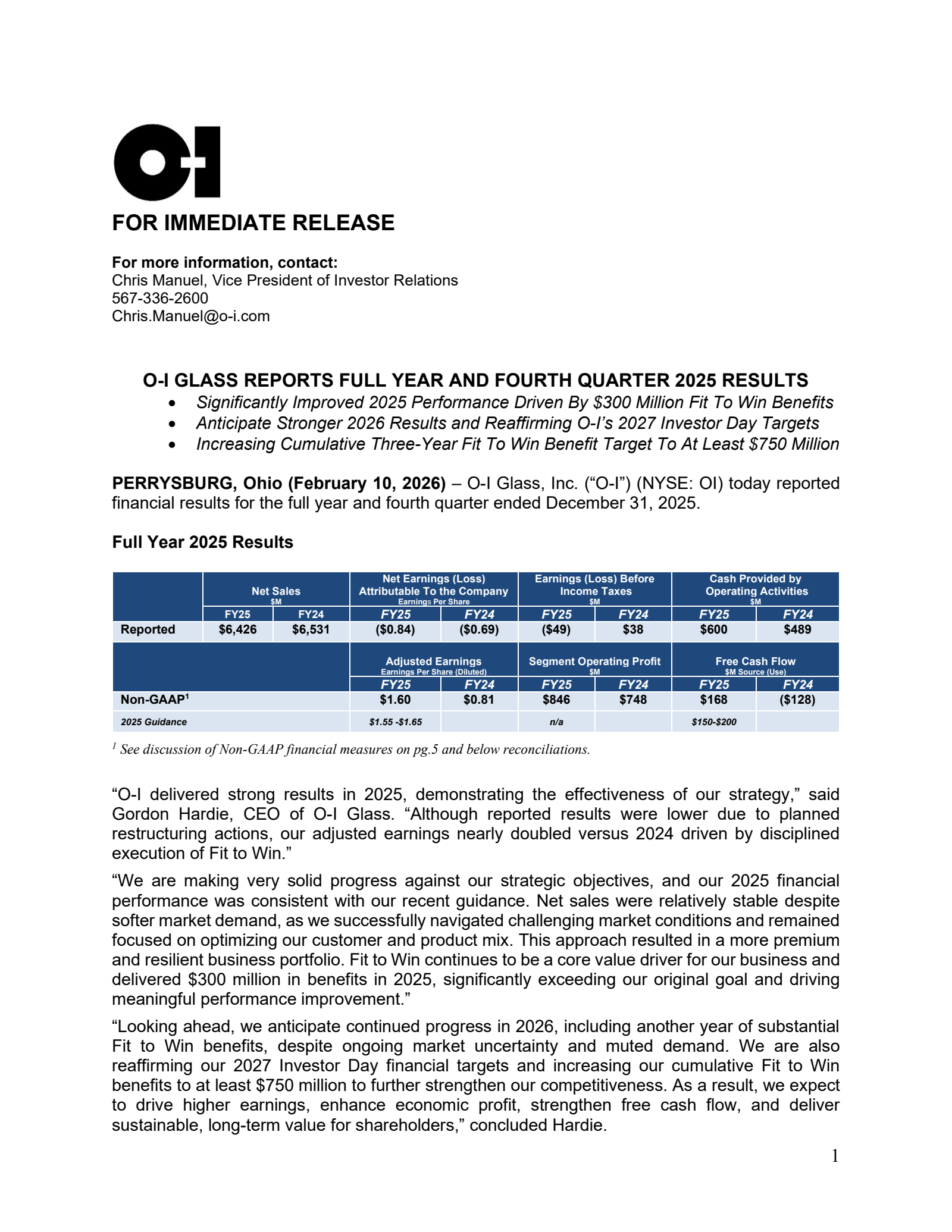 O-I Glass' Q4 2025 Press Release