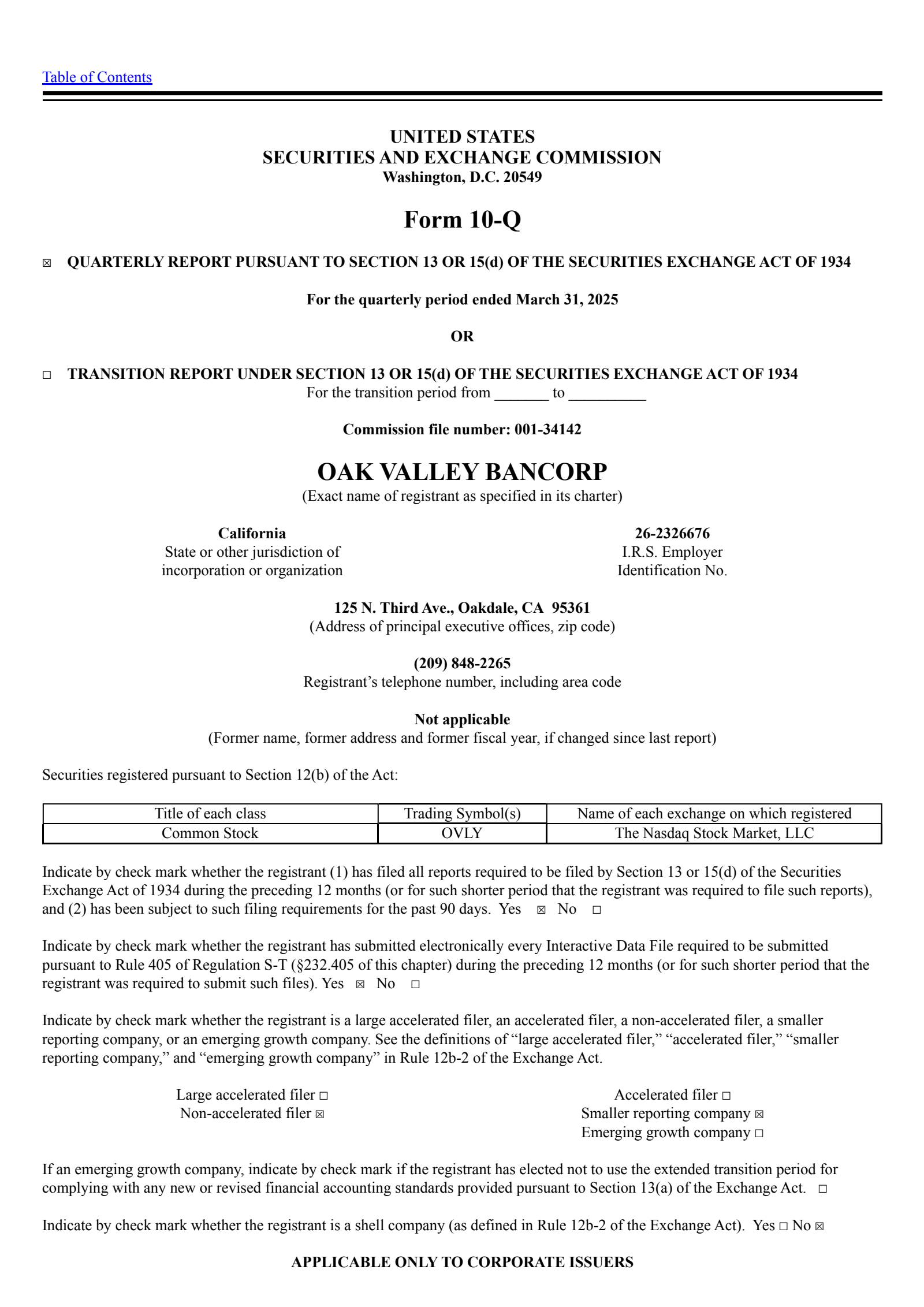 Oak Valley Bancorp's Q1 2025 Quarterly report