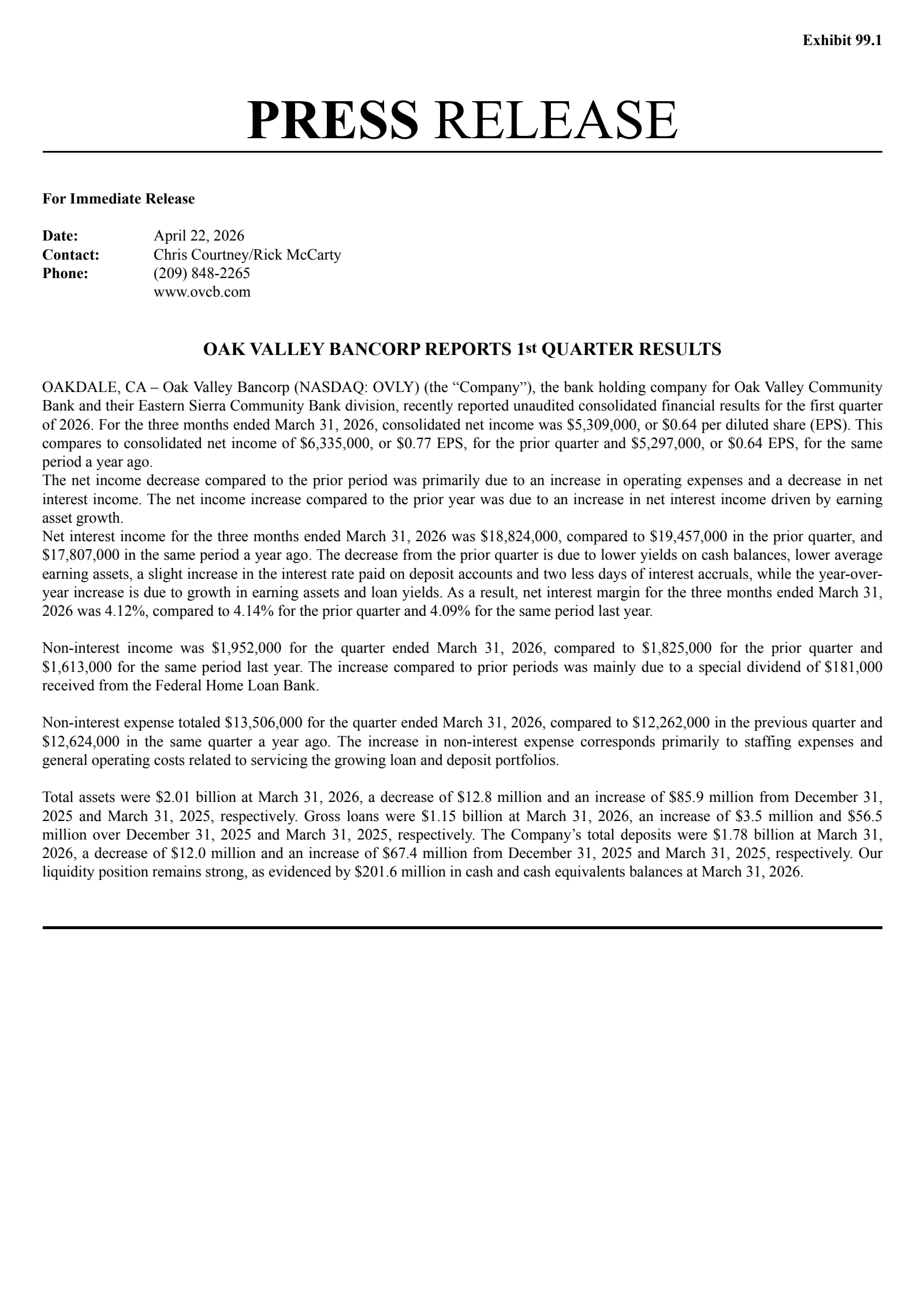 Oak Valley Bancorp's Q1 2026 Press Release