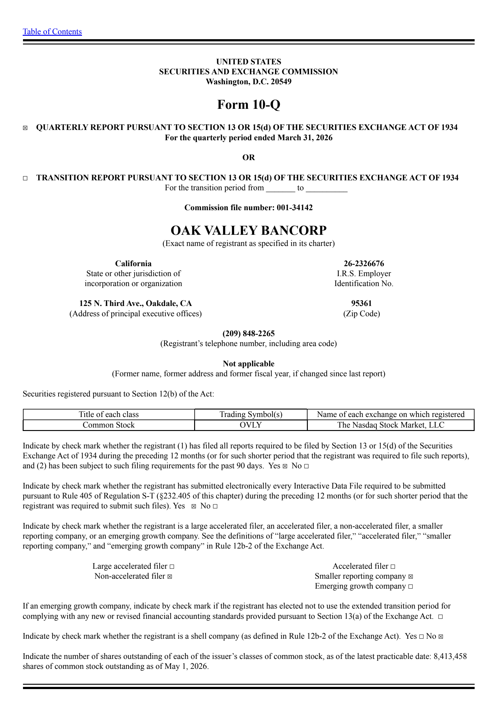 Oak Valley Bancorp's Q1 2026 Quarterly report