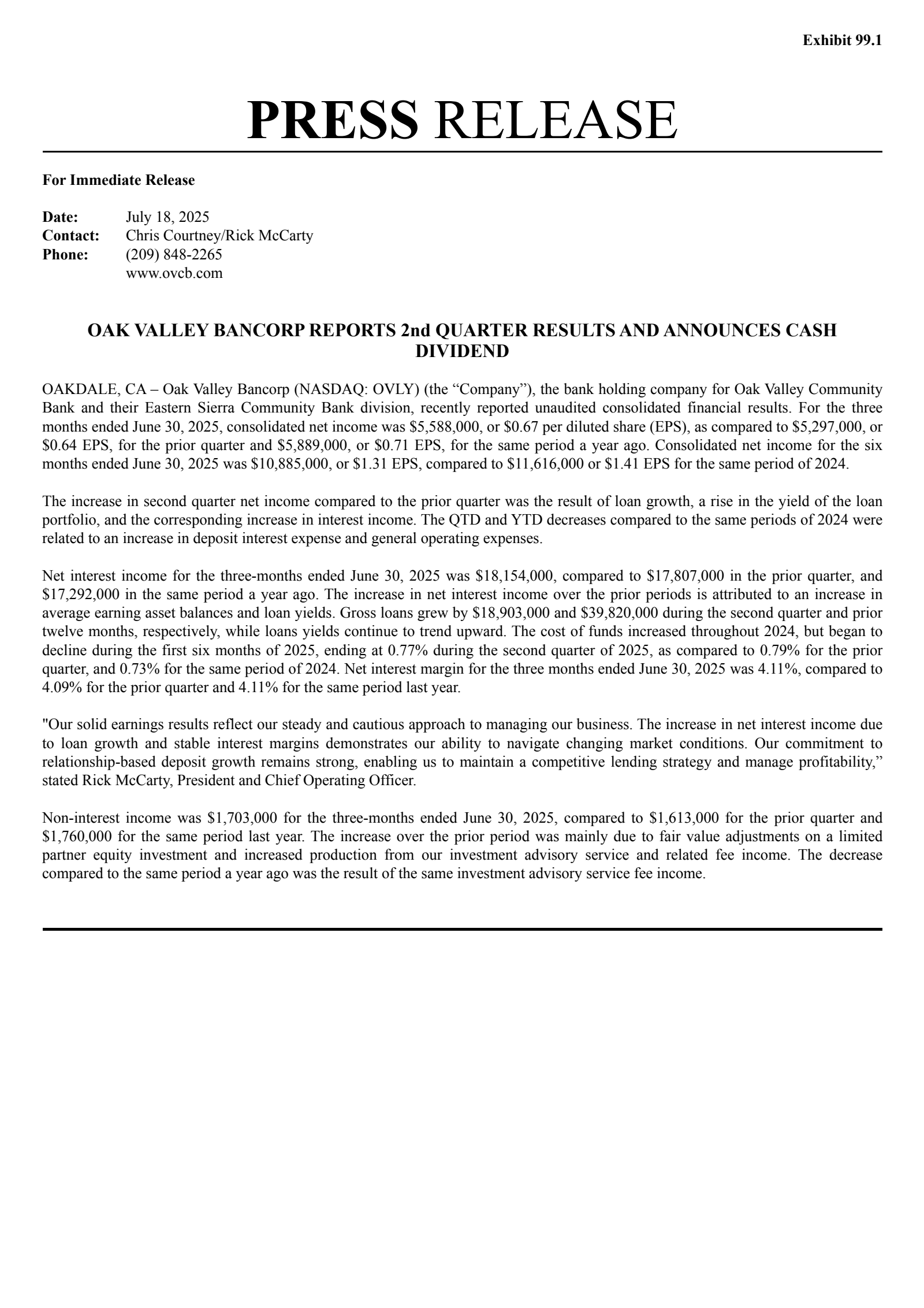 Oak Valley Bancorp's Q2 2025 Press Release