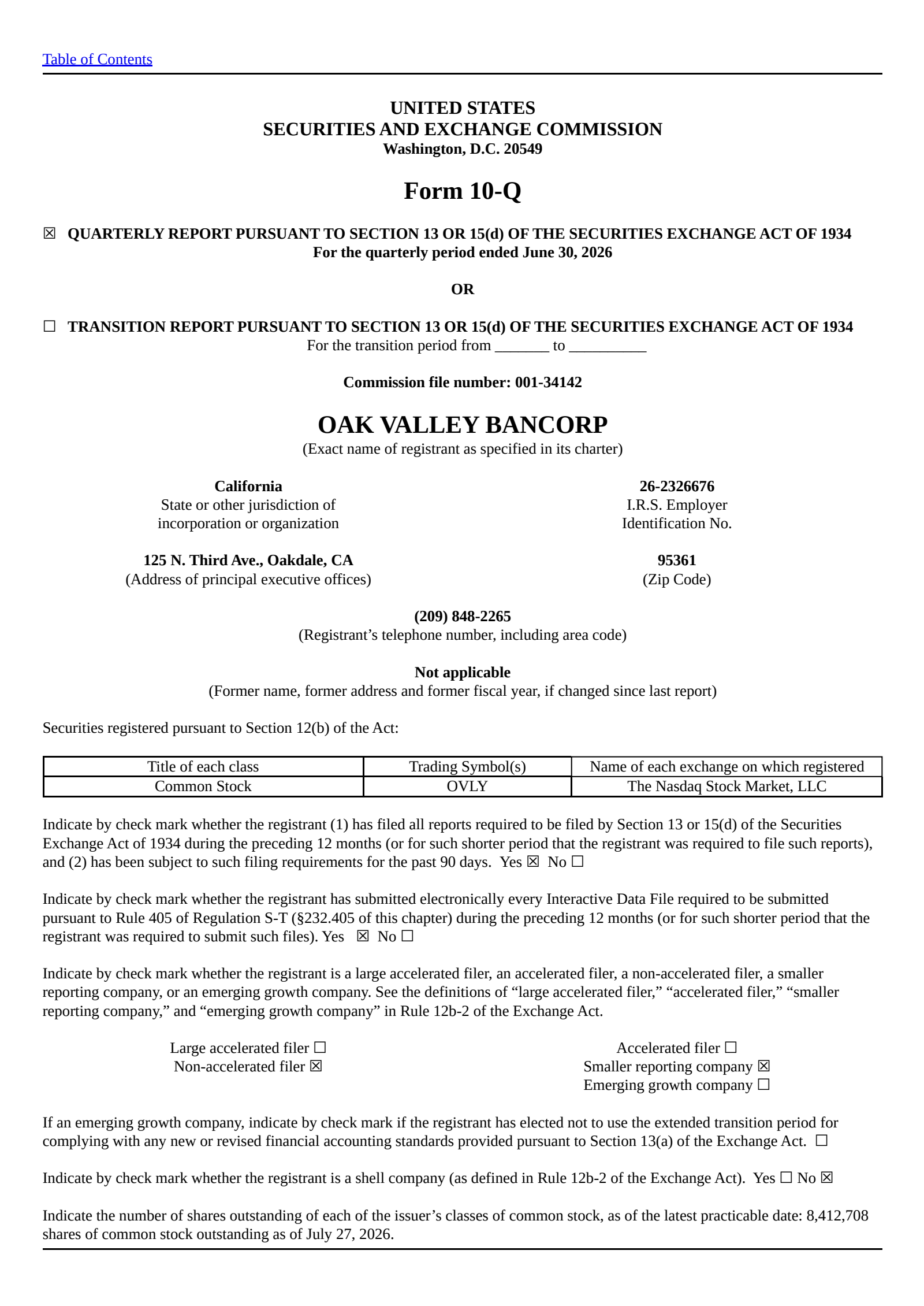 Oak Valley Bancorp's Q2 2026 Quarterly report