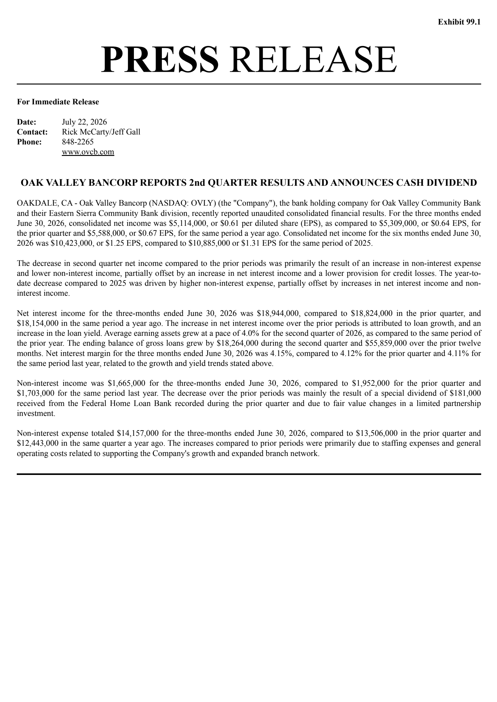 Oak Valley Bancorp's Q2 2026 Press Release