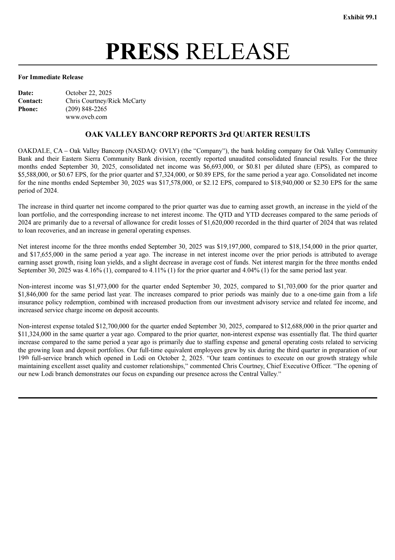 Oak Valley Bancorp's Q3 2025 Earnings Release