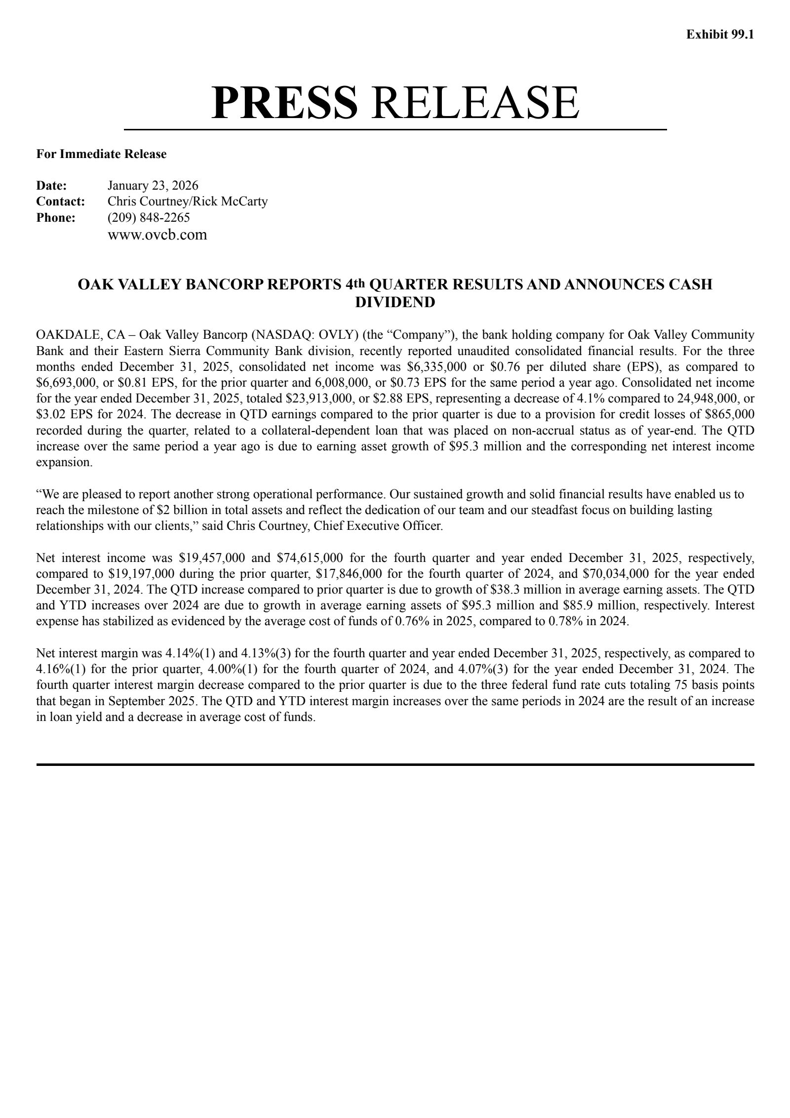 Oak Valley Bancorp's Q4 2025 Press Release