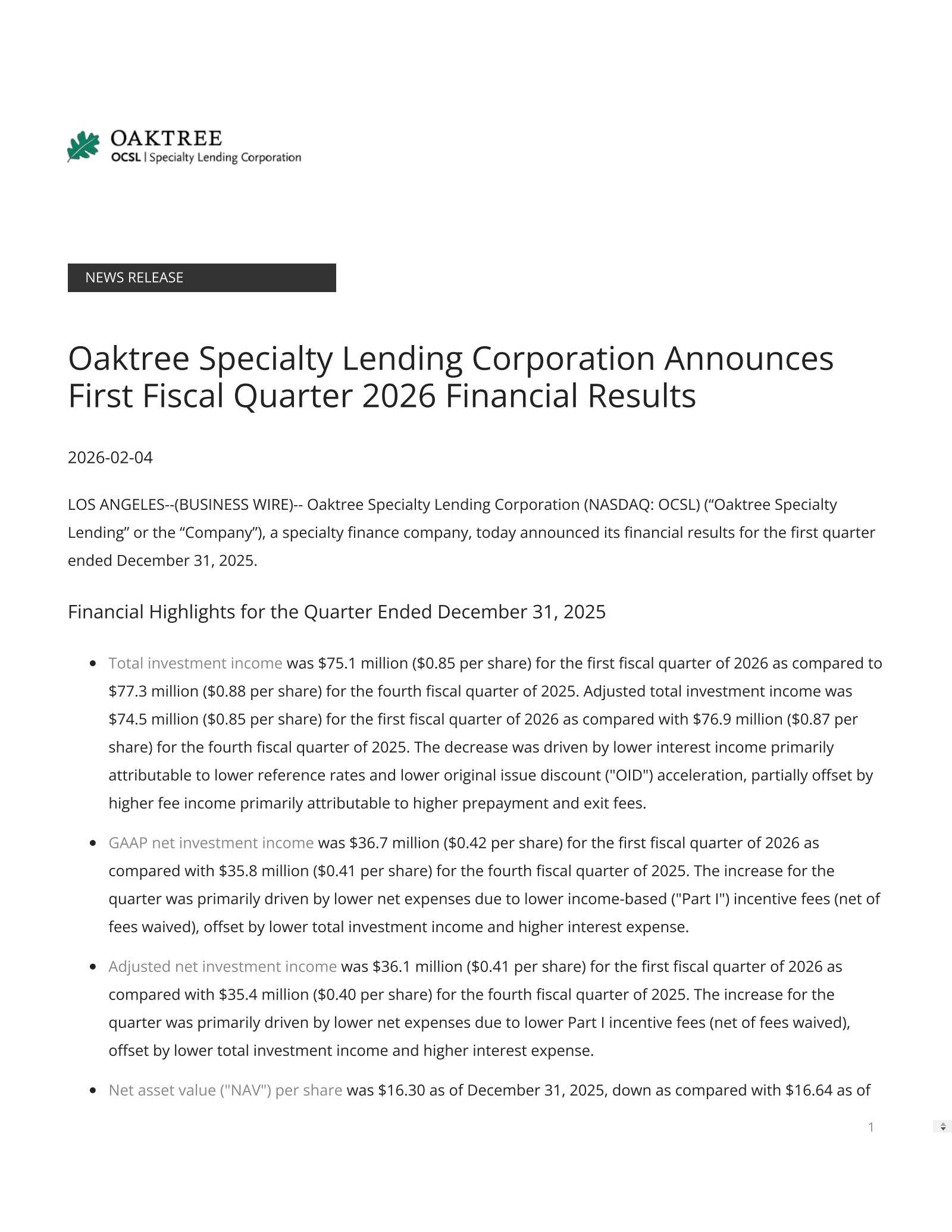 Oaktree Specialty Lending's Q1 2026 Press Release
