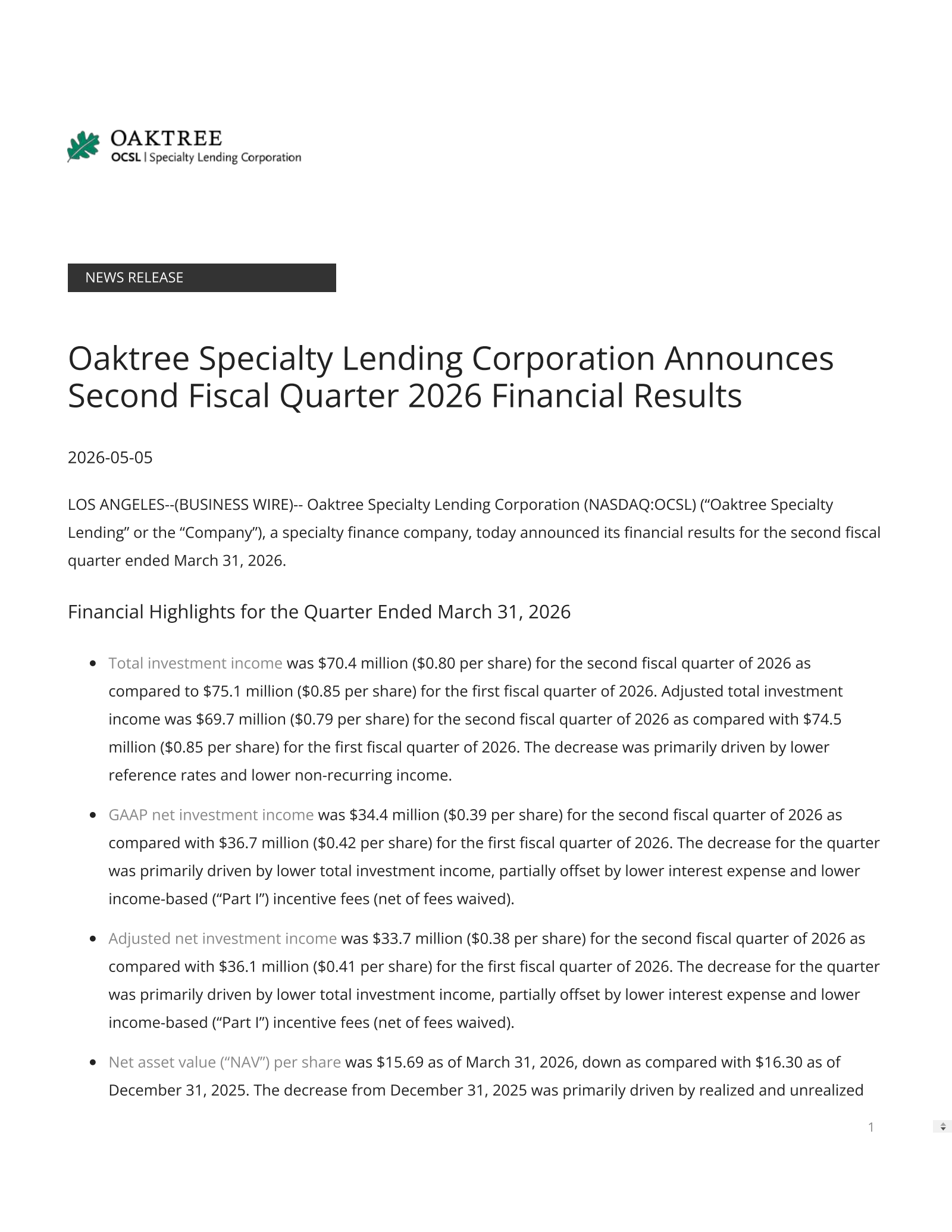 Oaktree Specialty Lending's Q2 2026 Press Release