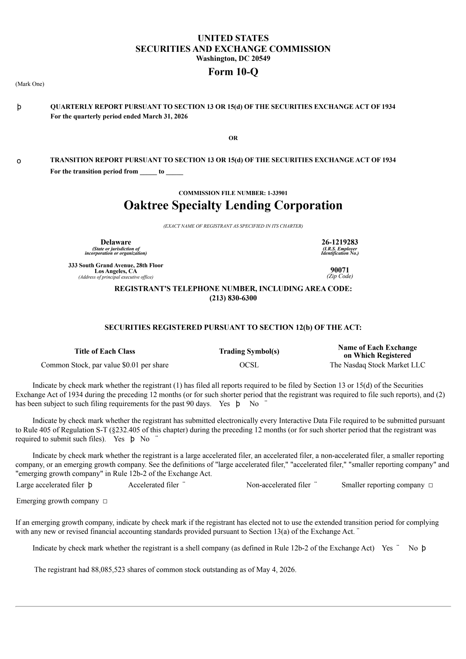 Oaktree Specialty Lending's Q2 2026 Quarterly report