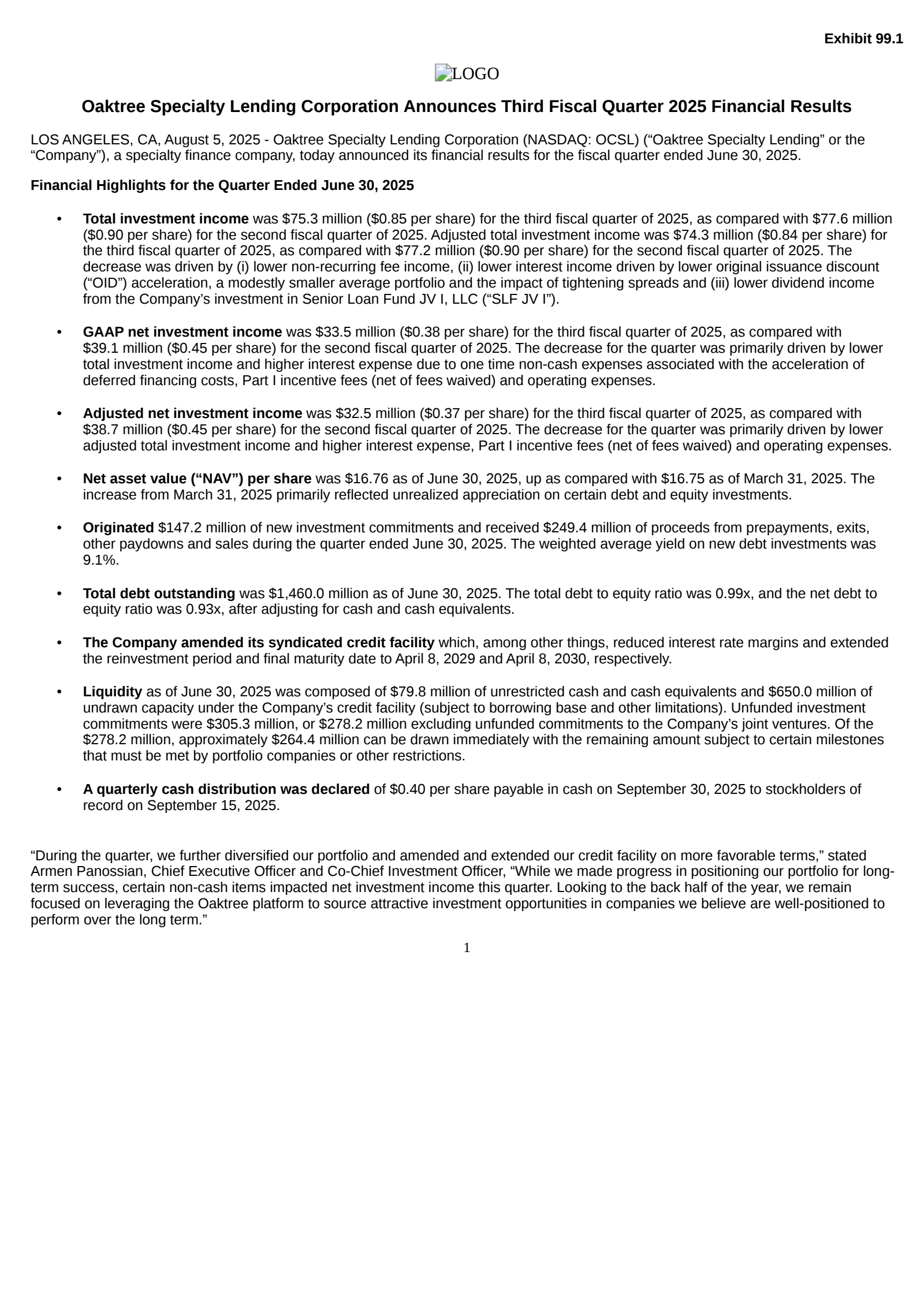 Oaktree Specialty Lending's Q3 2025 Press Release