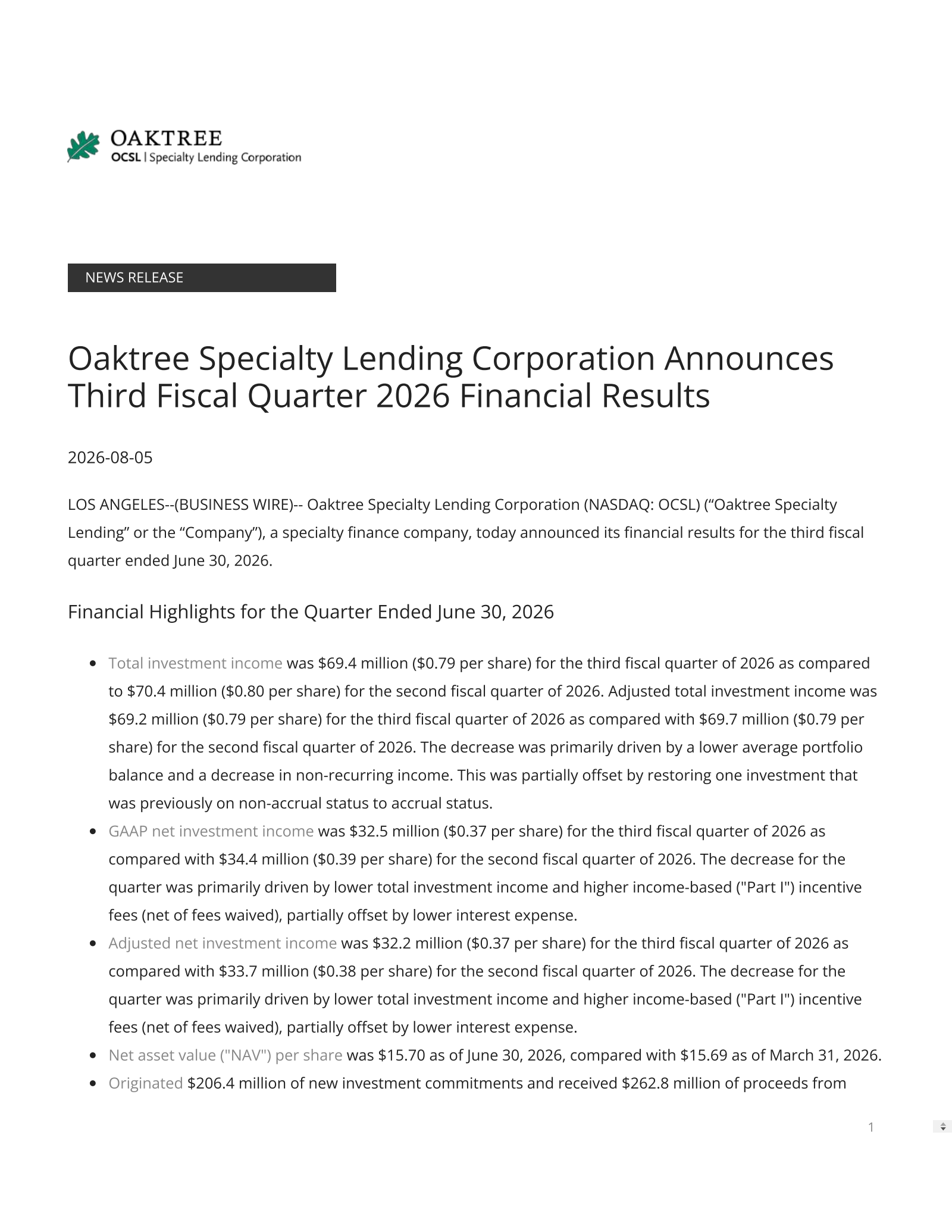 Oaktree Specialty Lending's Q3 2026 Press Release