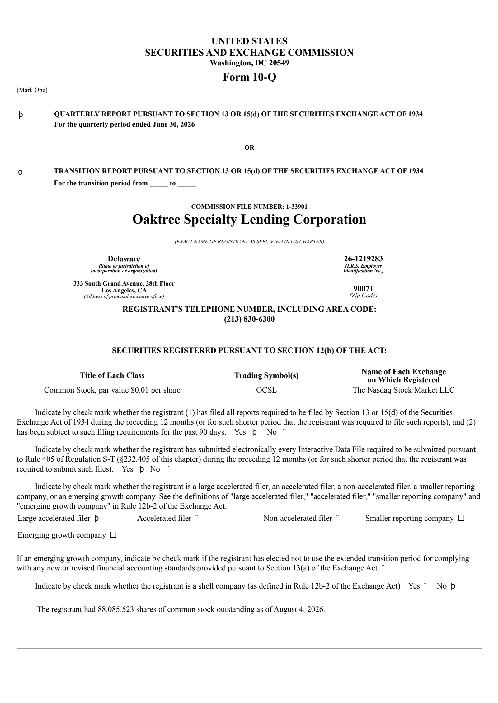 Oaktree Specialty Lending's Q3 2026 Quarterly report