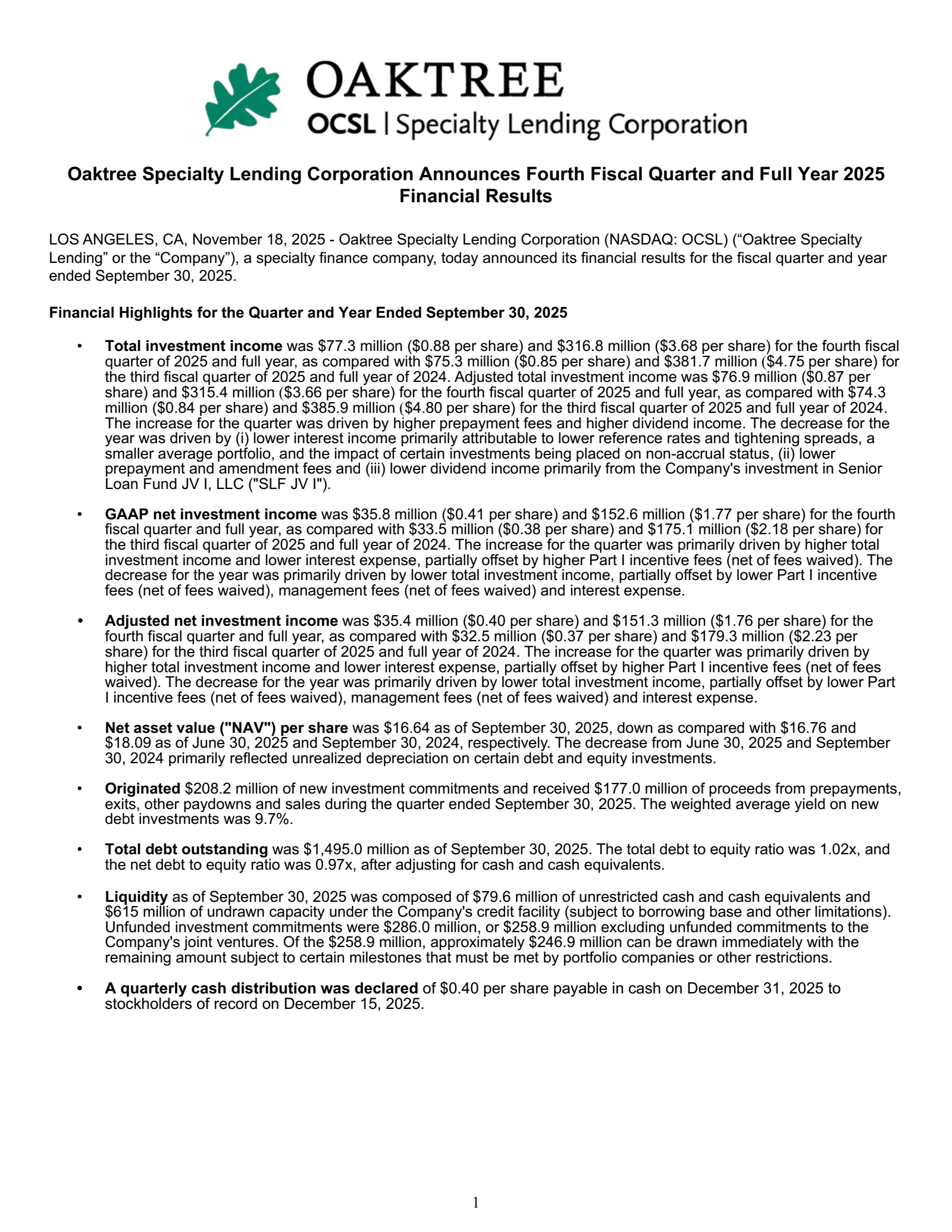 Oaktree Specialty Lending's Q4 2025 Earnings Release