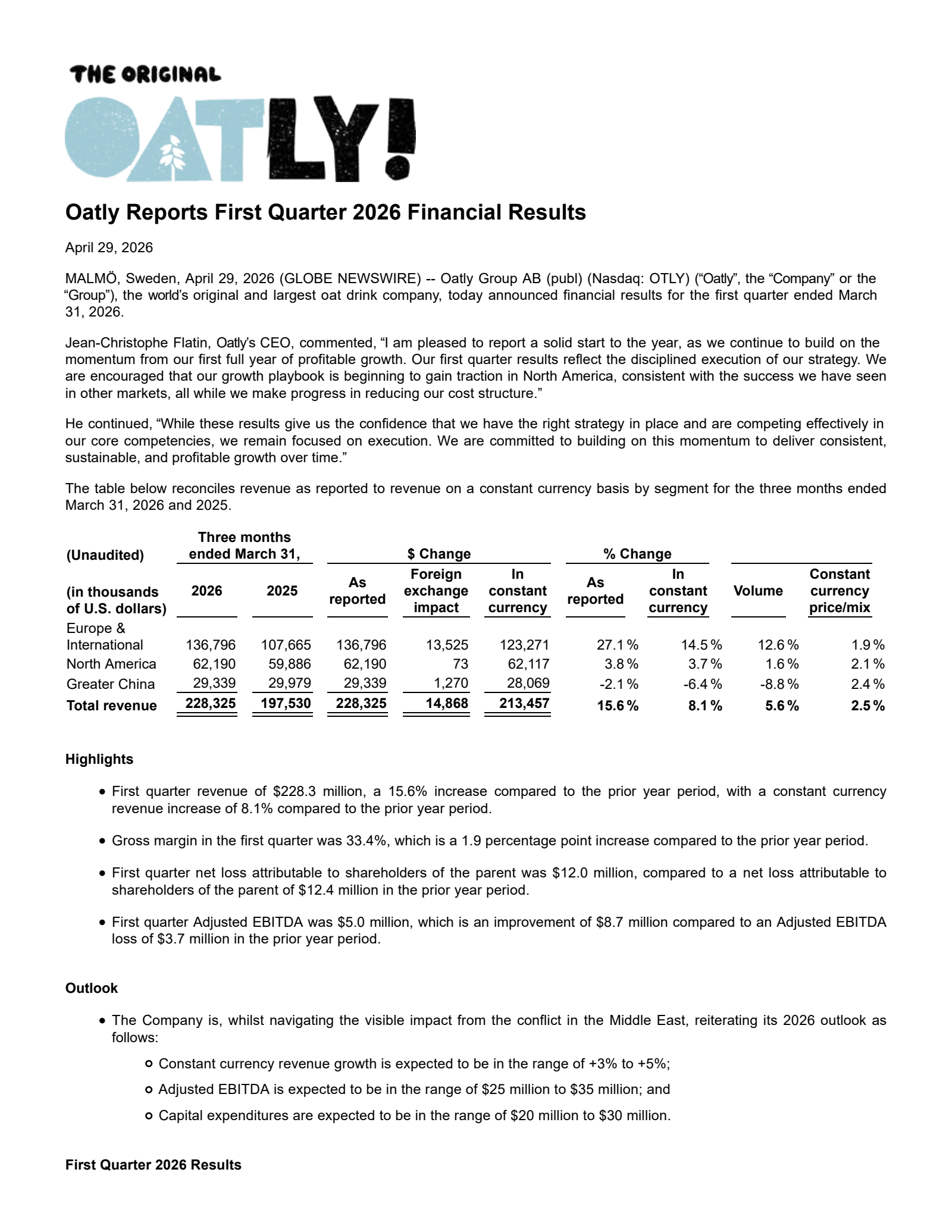 Oatly Group's Q1 2026 Press Release