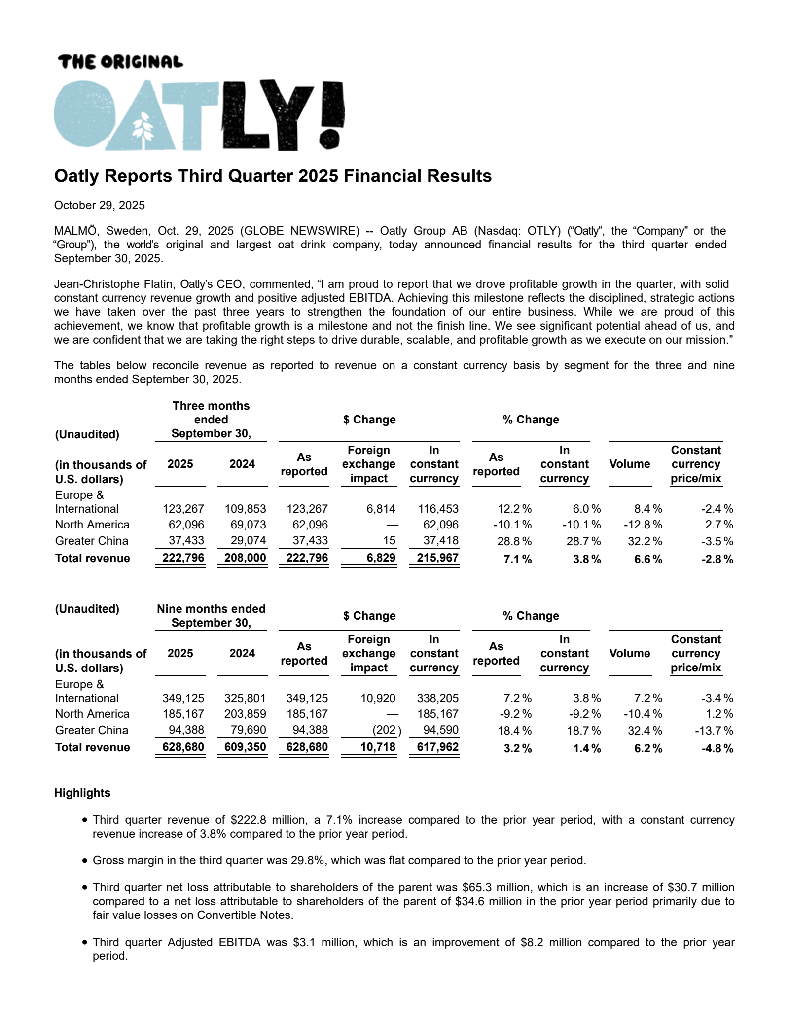 Oatly Group's Q3 2025 Earnings Release