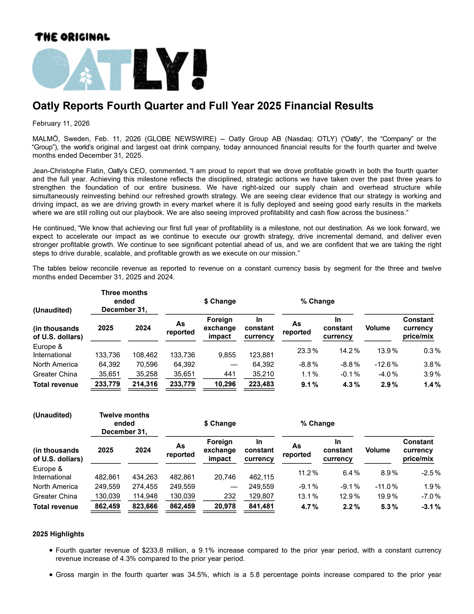 Oatly Group's Q4 2025 Press Release