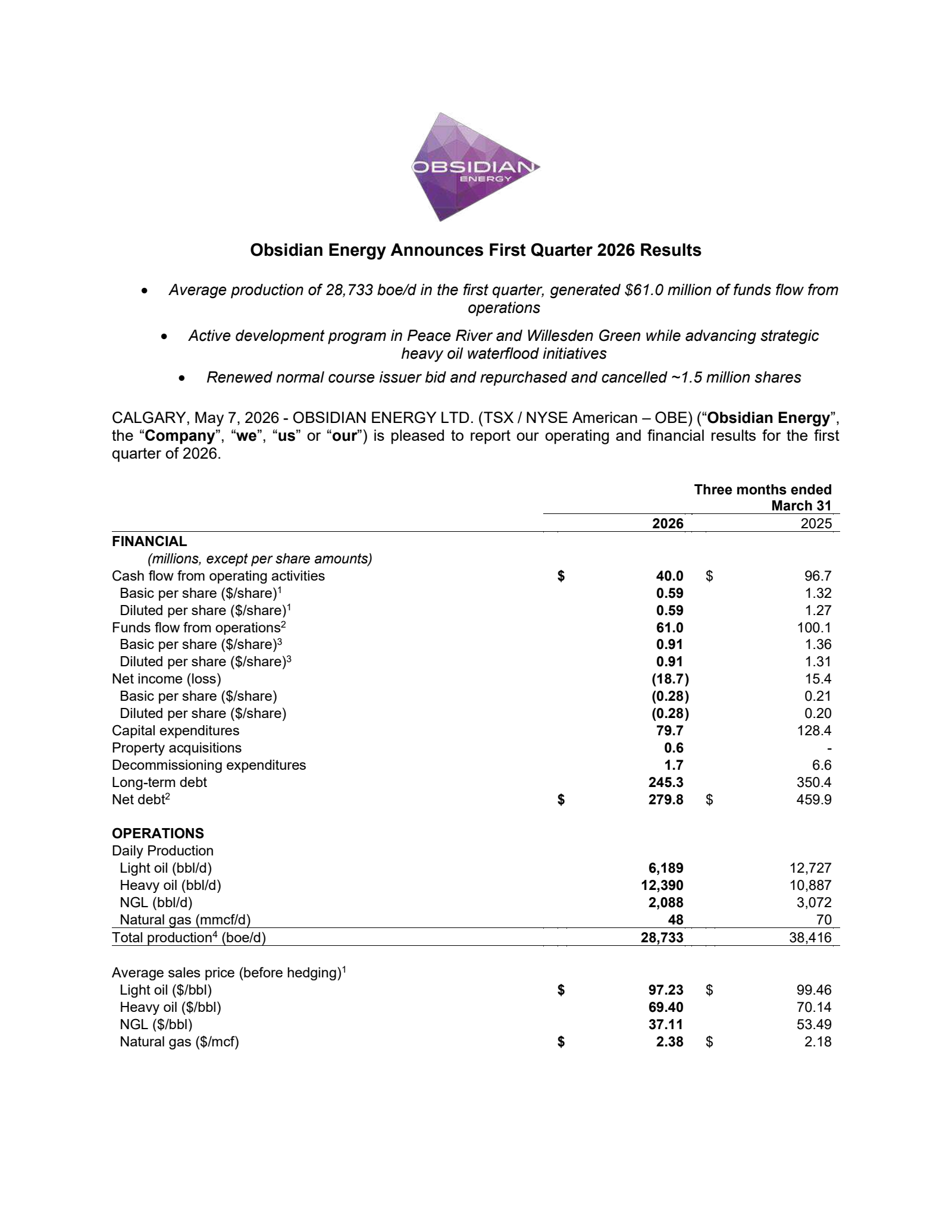 Obsidian Energy's Q1 2026 Press Release