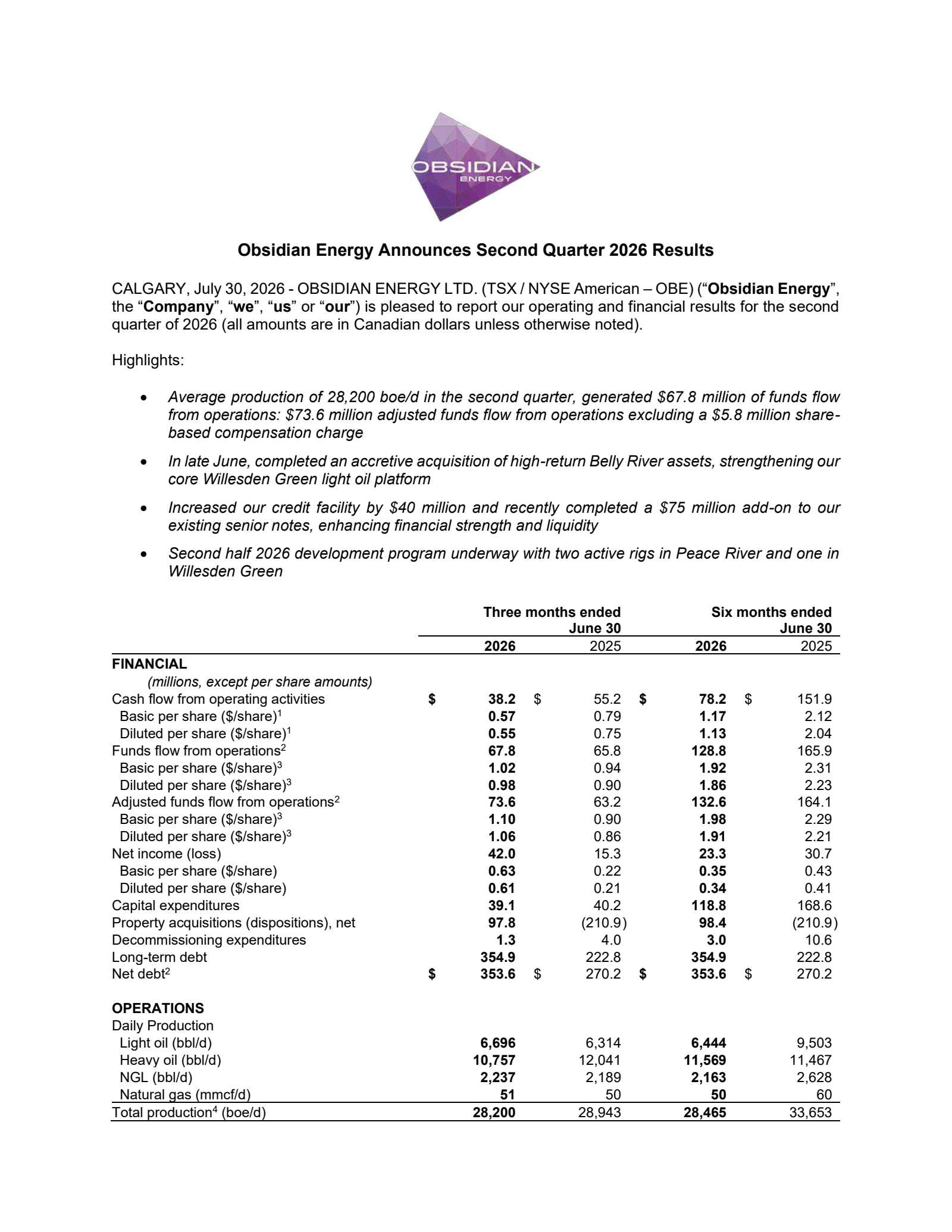 Obsidian Energy's Q2 2026 Press Release